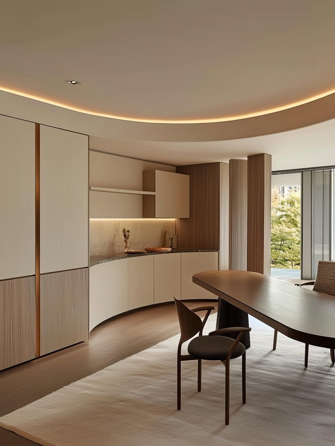 Cozy, luxurious home design with curved walls & cabinets