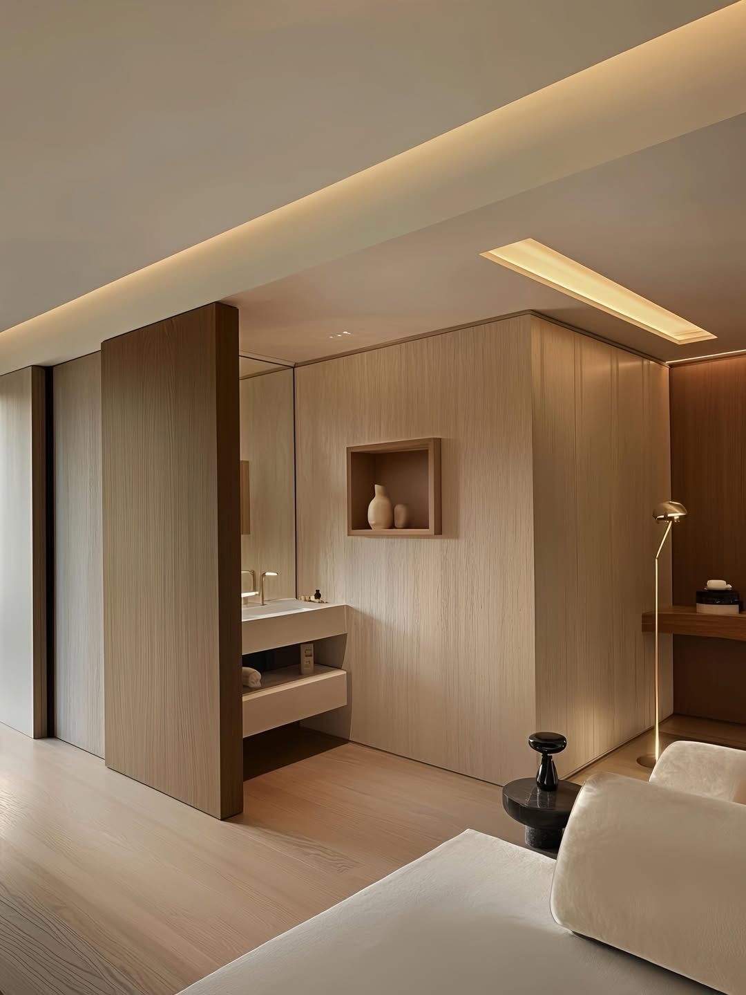 Cozy, luxurious home design with curved walls & cabinets