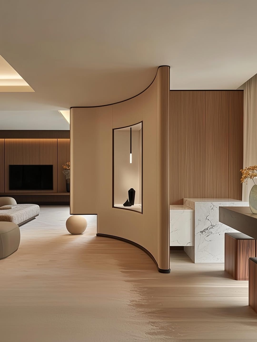 Cozy, luxurious home design with curved walls & cabinets