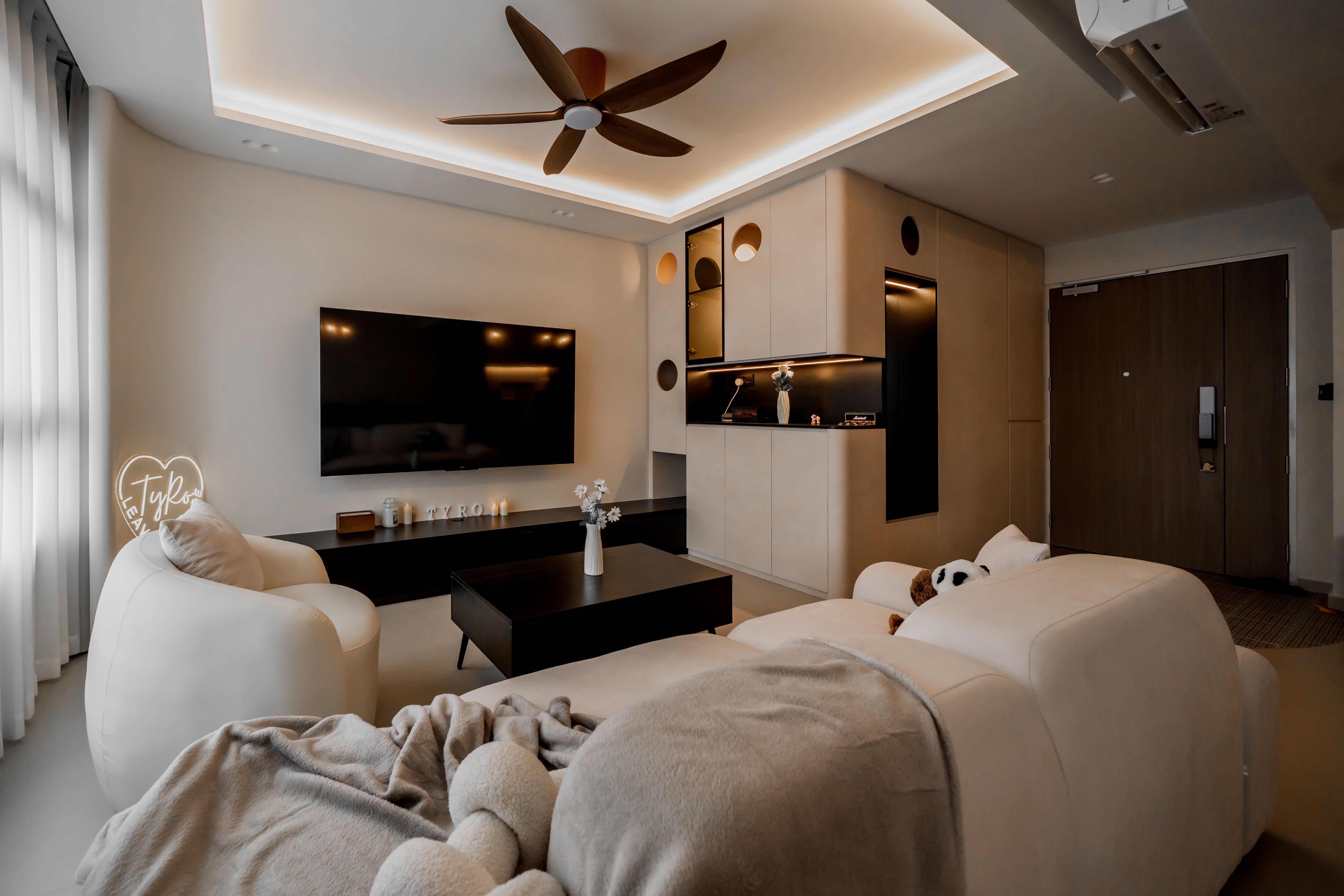 A cozy minimalistic home with cats