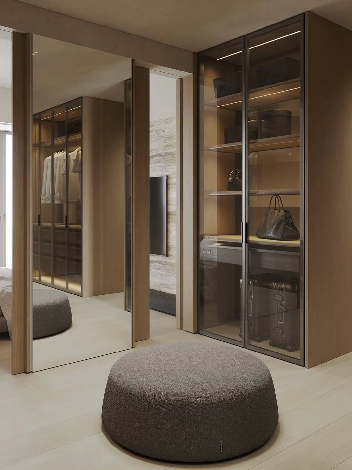 Stylish bedroom and walk in wardrobe