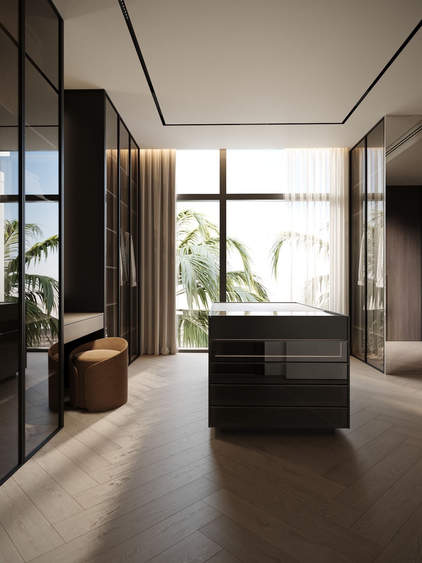 Sophisticated & modern walk in wardrobe design