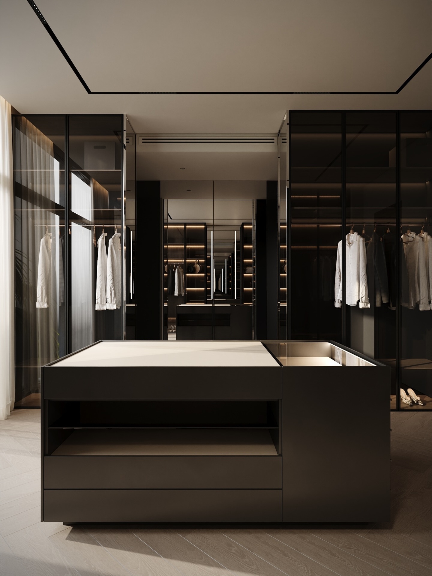 Sophisticated & modern walk in wardrobe design