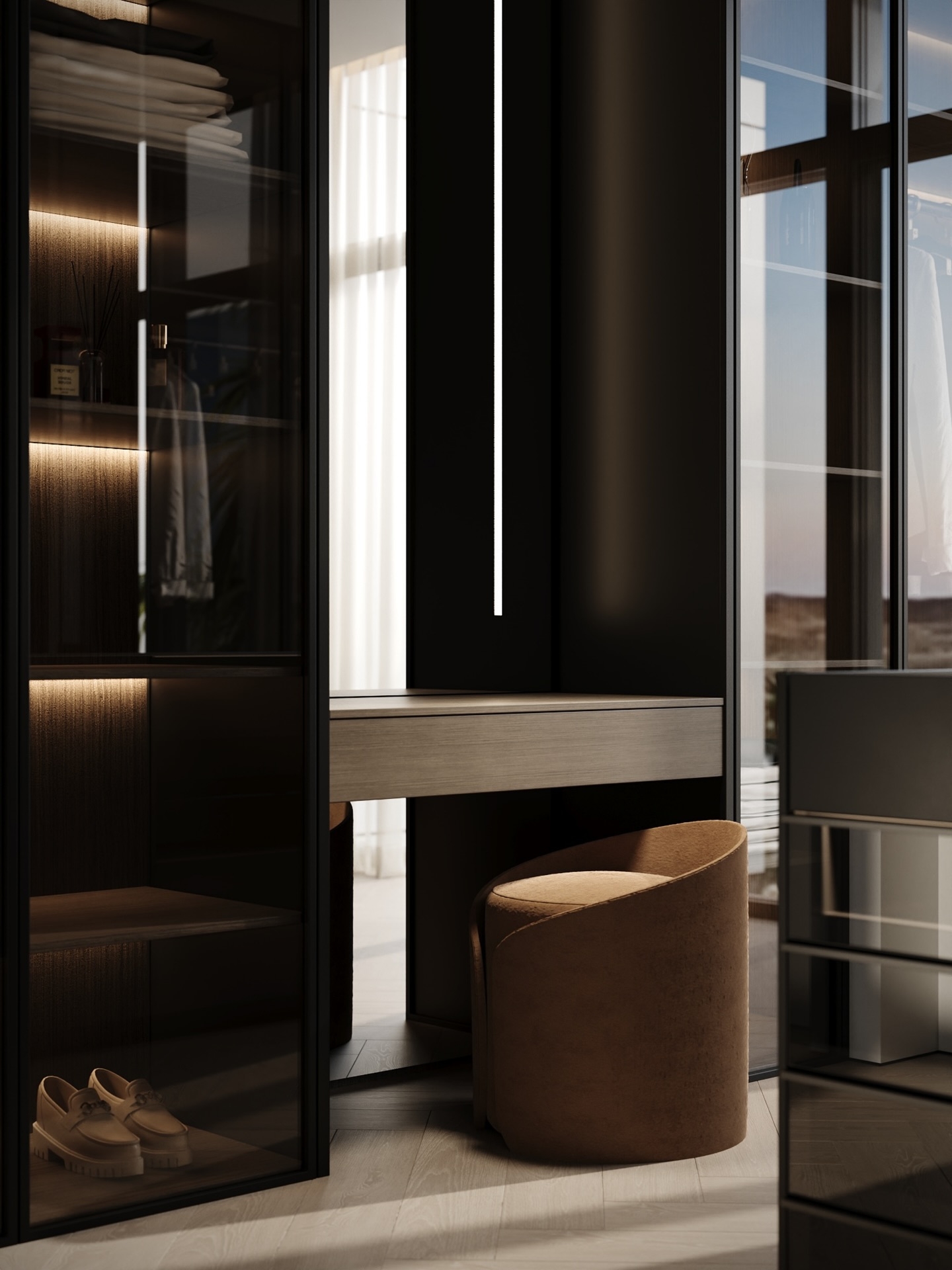 Sophisticated & modern walk in wardrobe design