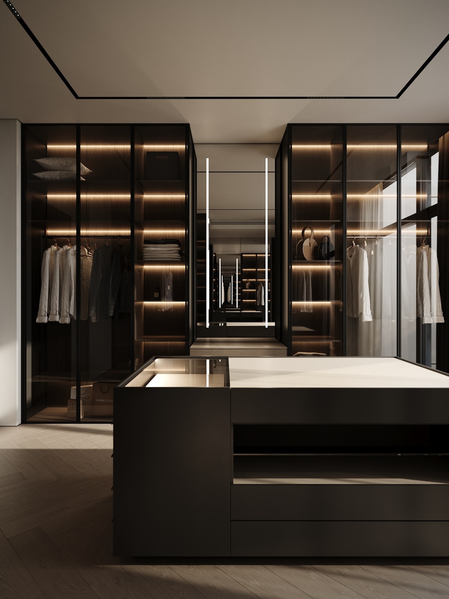 Sophisticated & modern walk in wardrobe design