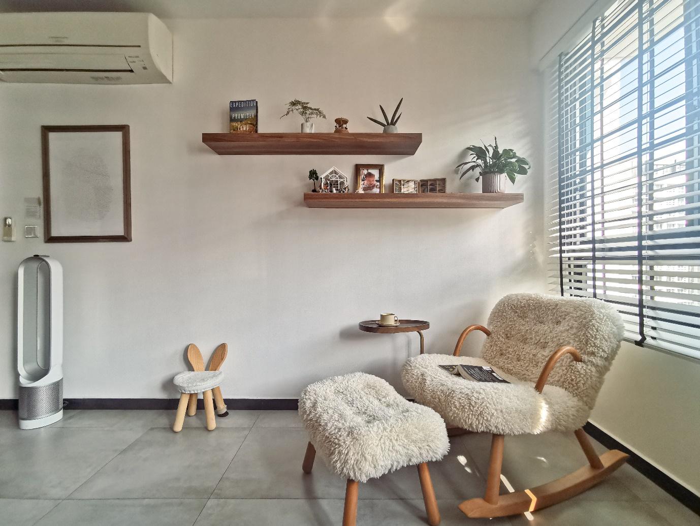 Rustic Retreat - Wooden shelves, cozy seating, plush chairs, modern decor, indoor plants, natural light, minimalist design