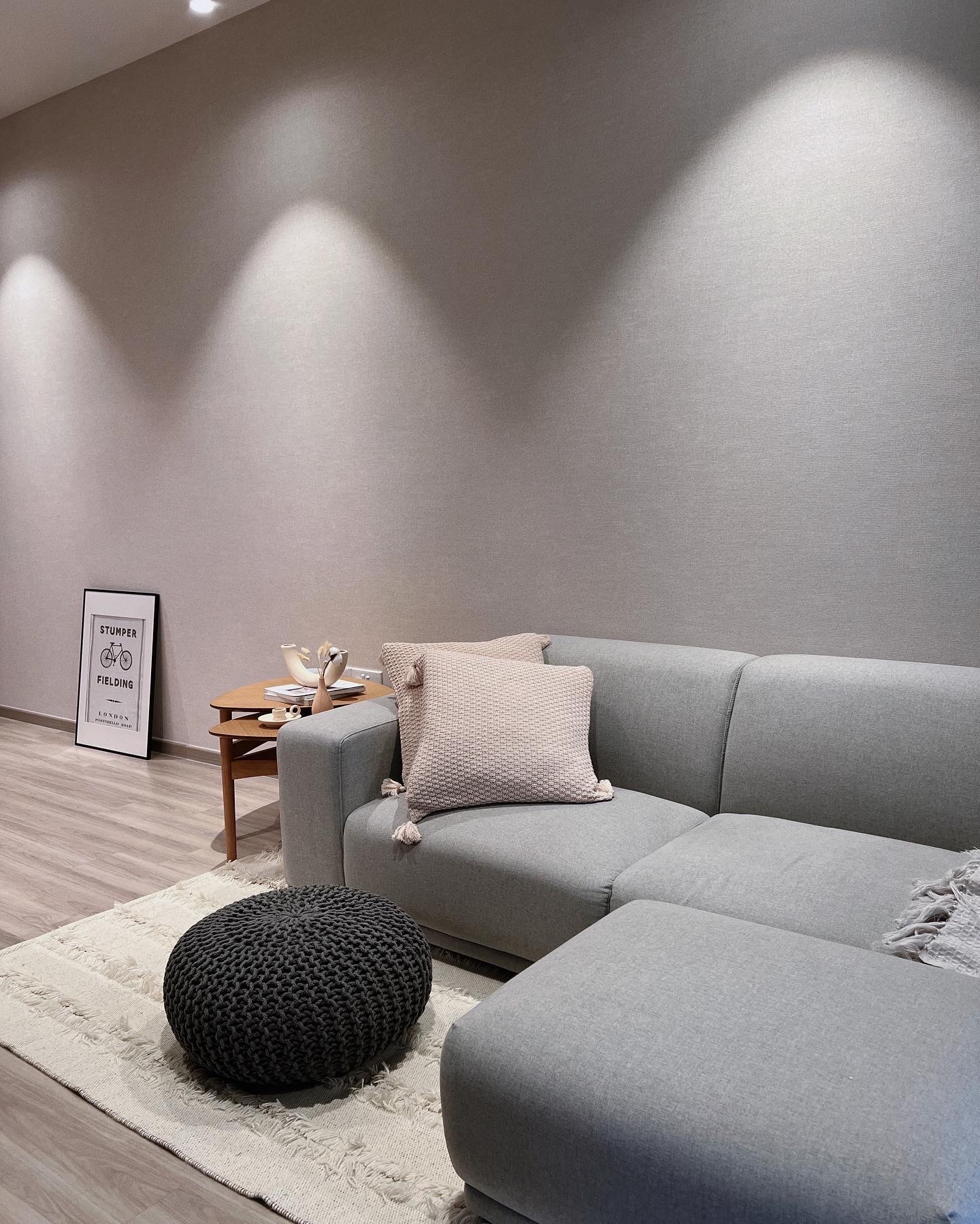 Inside My Scandi-Minimalist 1 Bedder Resale Condominium - Modern living room, cozy seating, gray sofa, textured cushions