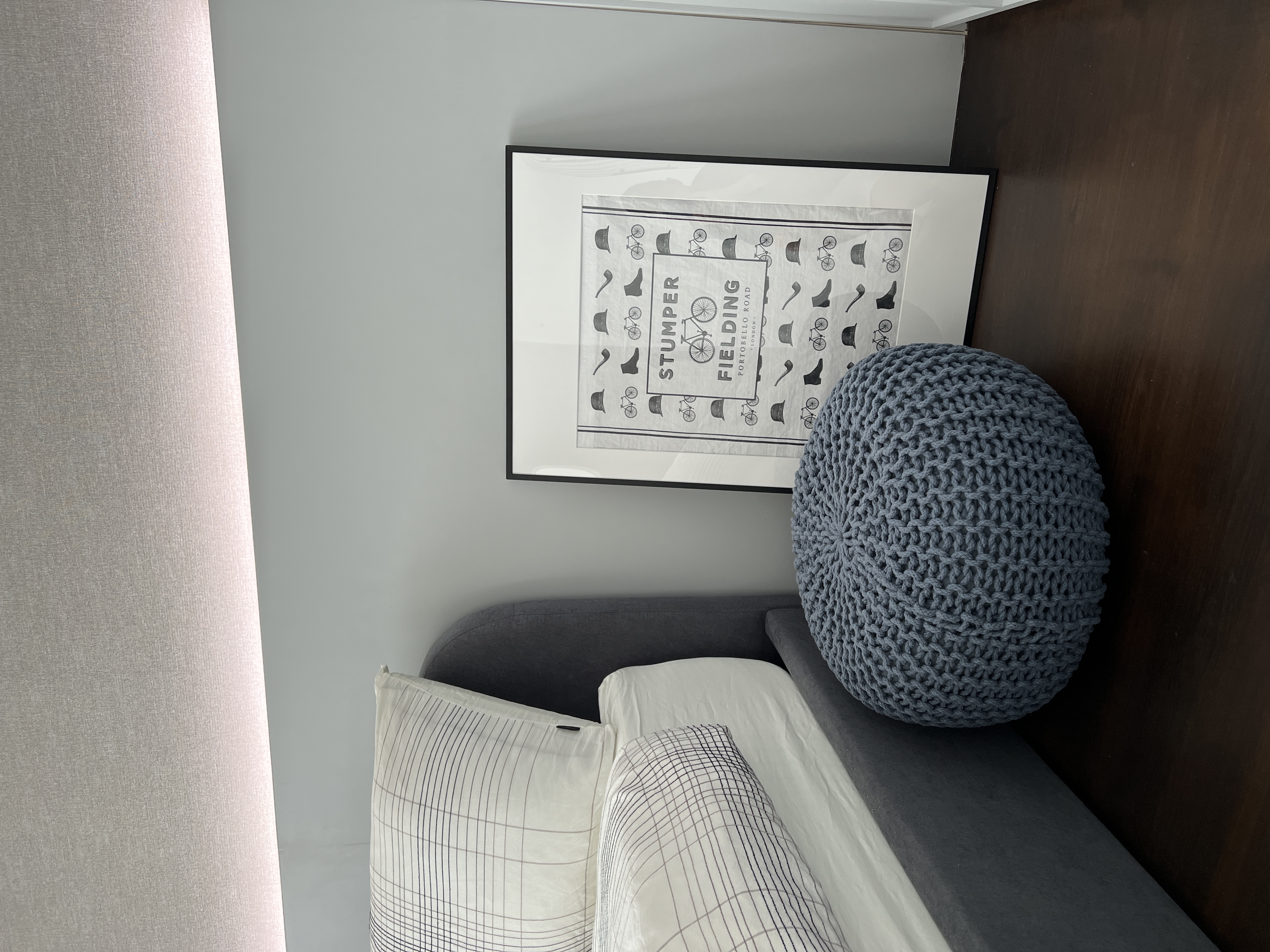 Inside My Scandi-Minimalist 1 Bedder Resale Condominium - Gray textured wall, framed picture, "Stump Field" title, black and