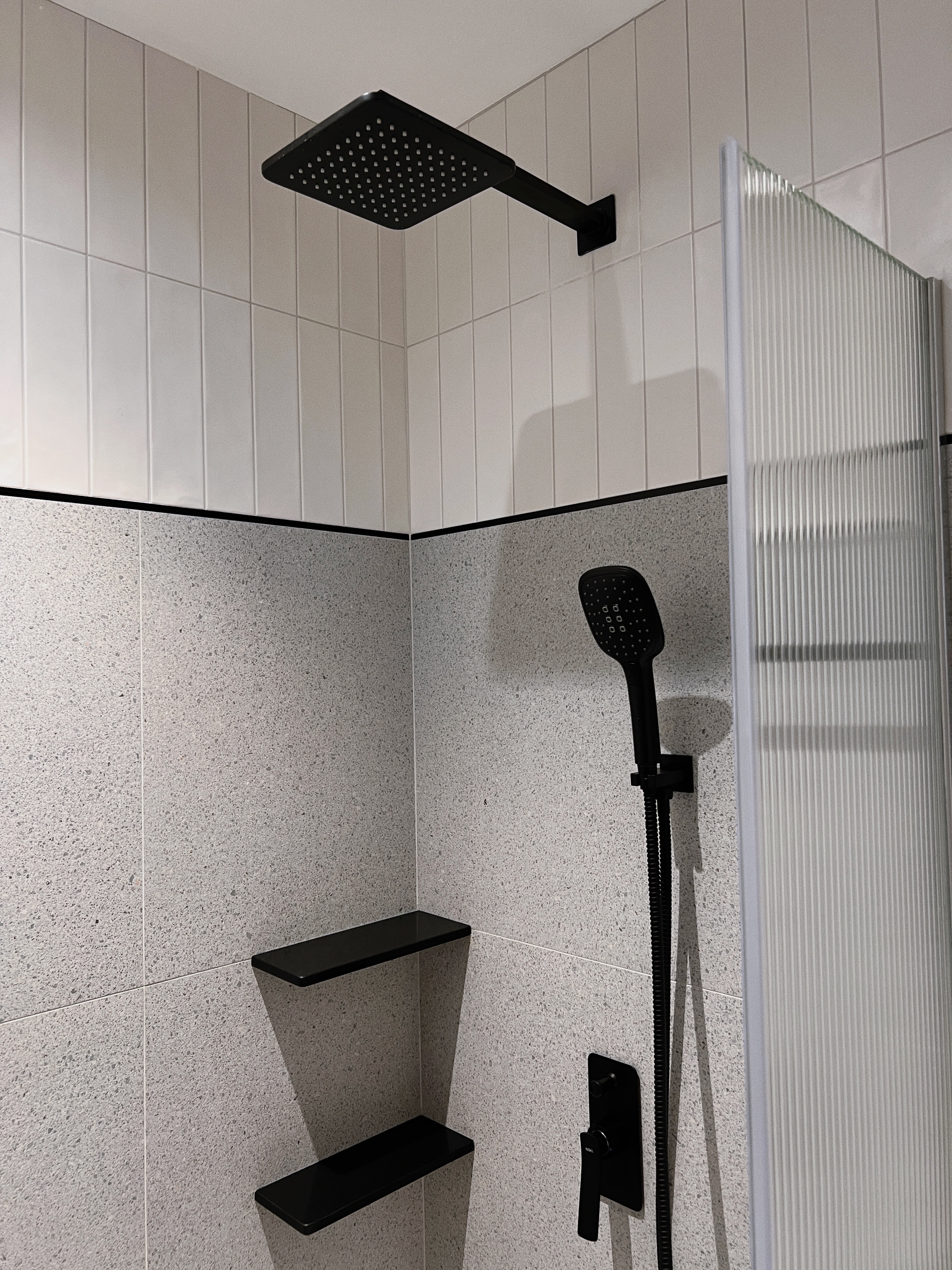 Inside My Scandi-Minimalist 1 Bedder Resale Condominium - Showerhead with rain shower head, black handheld shower, tiled wall