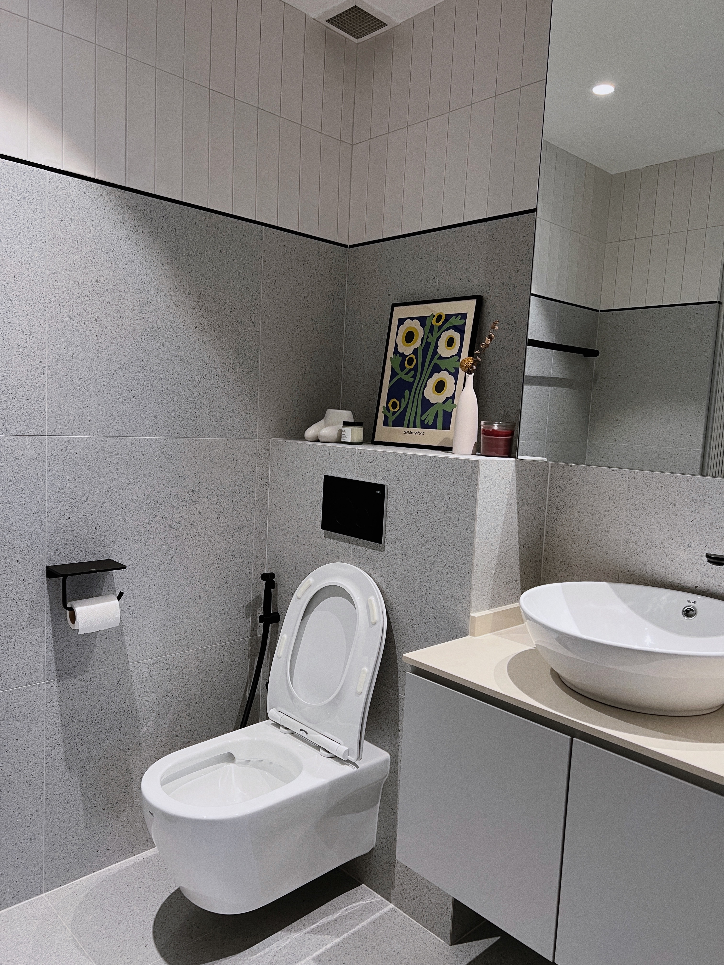 Inside My Scandi-Minimalist 1 Bedder Resale Condominium - Grey tiled walls, modern bathroom, white toilet, sleek sink, black