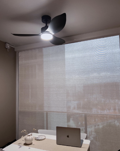 Inside My Scandi-Minimalist 1 Bedder Resale Condominium - Modern minimalist room, ceiling fan with leaf design, natural light