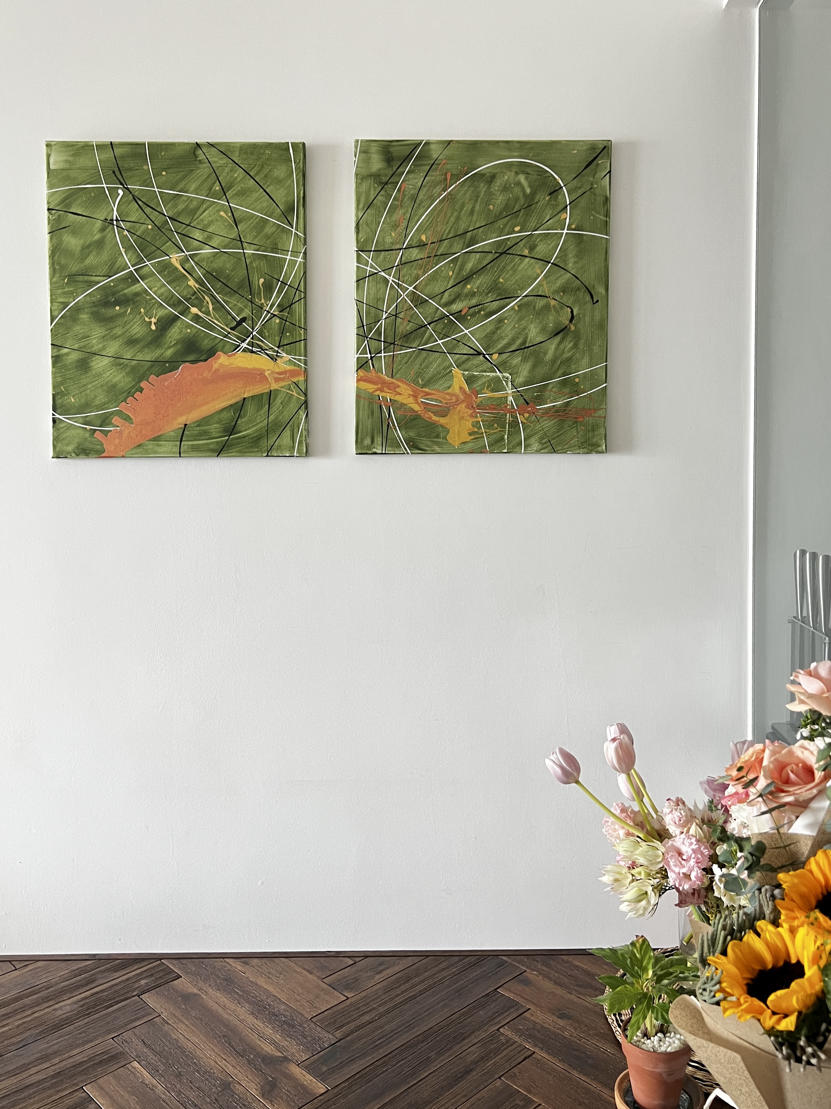 Welcome To Our Mid-Century Modern Condominium - Abstract art, green background, abstract lines, orange and yellow splash