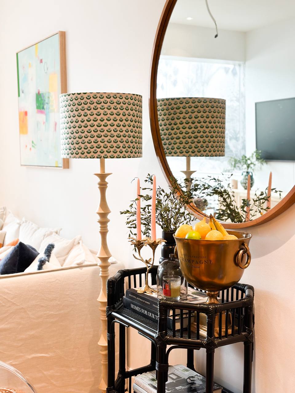 Colourful living room vibes - modern living room, cozy ambiance, artistic decor, contemporary furniture, black wicker chair