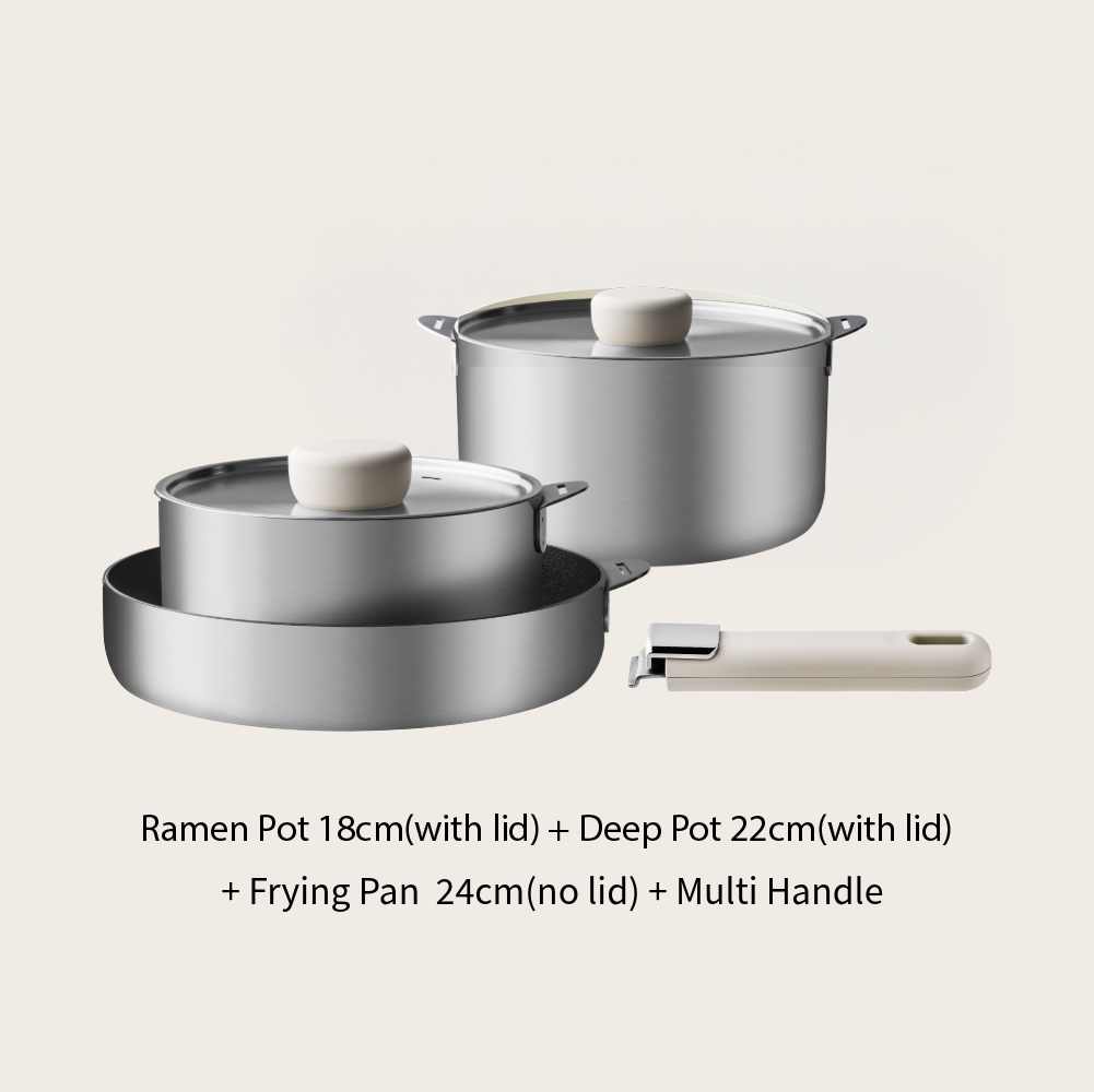 Sodam Stainless Cookware Set - 3-Piece Set (Ramen Pot 18cm + Deep Pot 22cm + Frying Pan 24cm + Multi Handle)