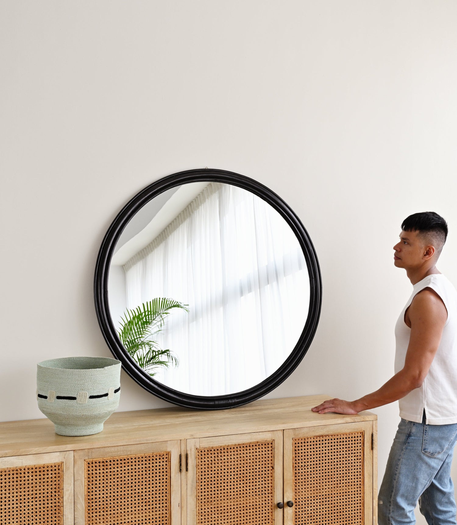 Black Round Rattan Mirror - Small (D60cm)