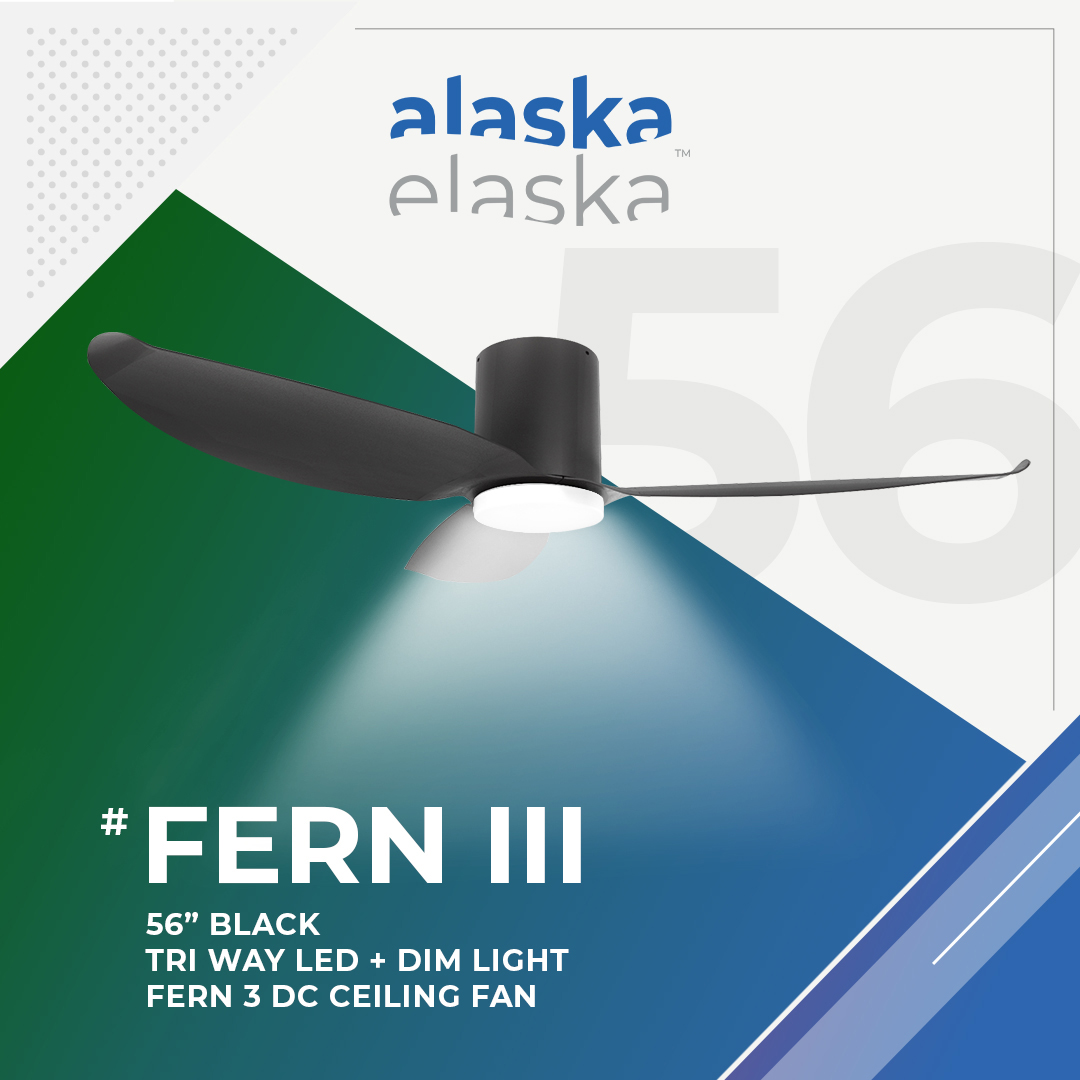 Elaska Fern III 56" DC Ceiling Fan + Samsung 20W LED Dim Tri Way Memory Function - Black/Black