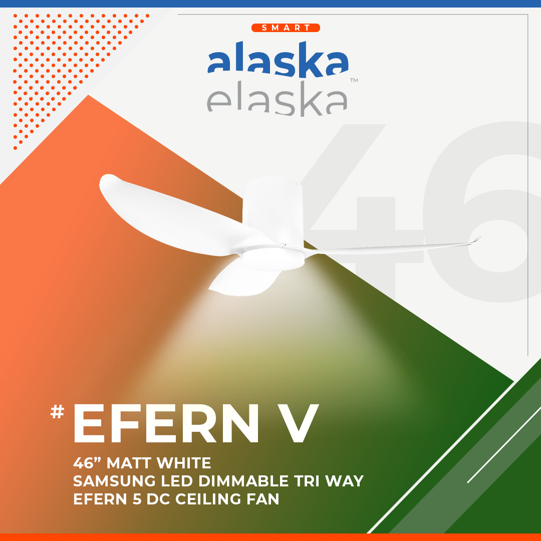 Alaska Fern V 46" DC Ceiling Fan + Samsung 20W LED Dim Tri Way Memory Function (SMART) - White/White