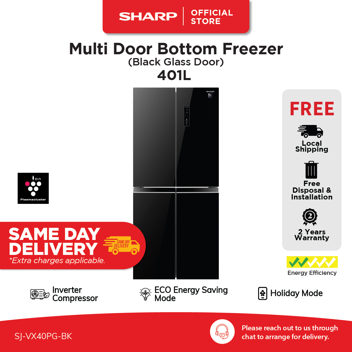 SHARP 401L Multi Doors Refrigerator SJ-VX40PG-BK - Glass Black