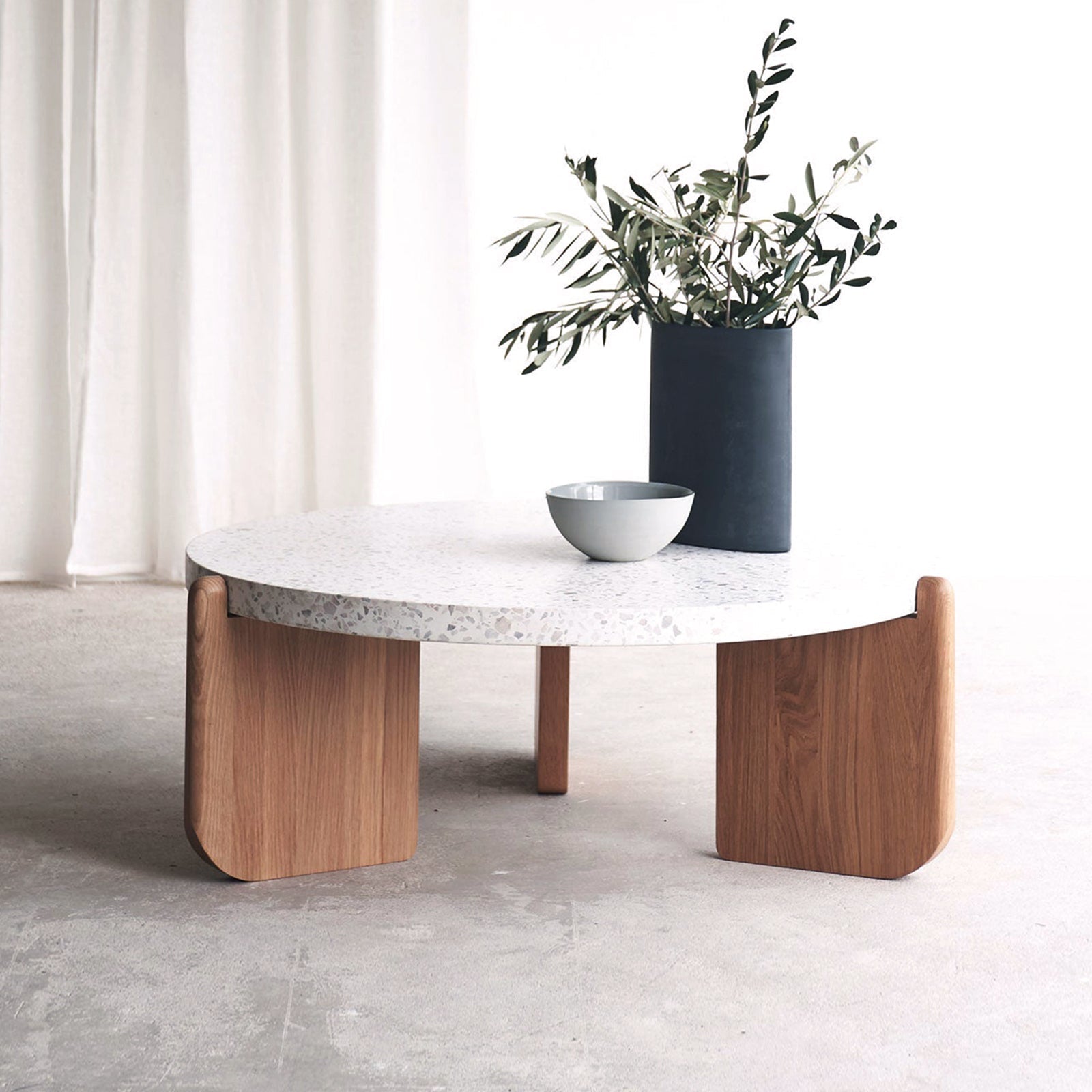 Native Coffee Table - White Terrazzo with Oak Base (Medium, 70 Dia x 35 H cm)