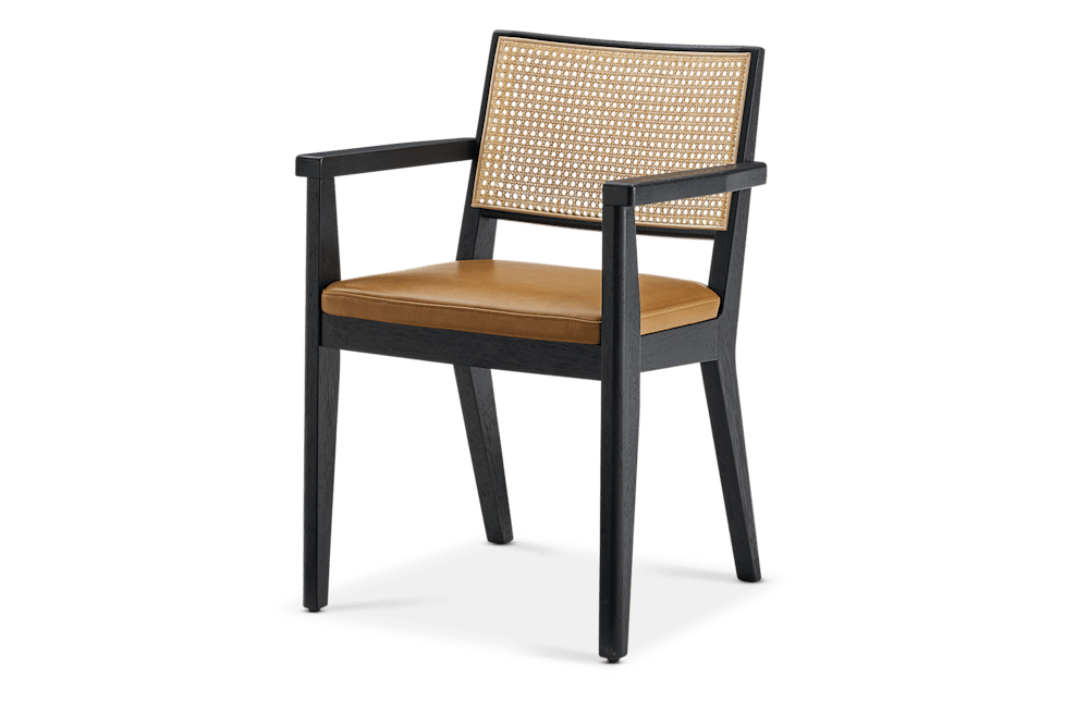 Sloane Cane and Leather Chair - Caramel, Black (With Armrest)