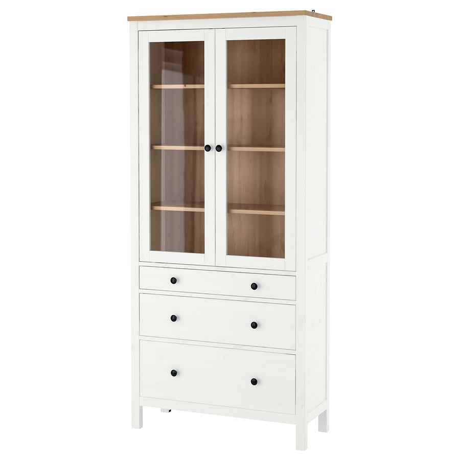 HEMNES Glass-door cabinet with 3 drawers - White stain/light brown, 90x198 cm
