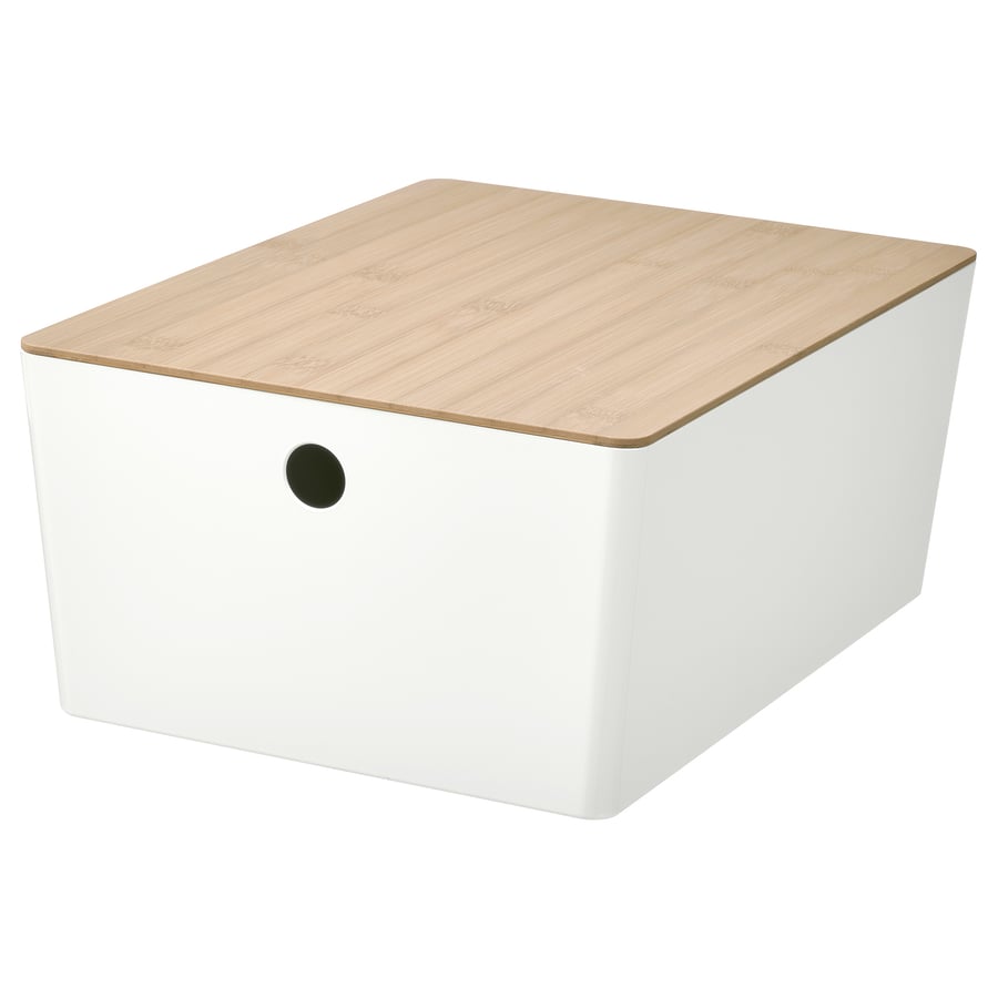 KUGGIS Box with Lid, White/Bamboo, 26x35x15 cm
