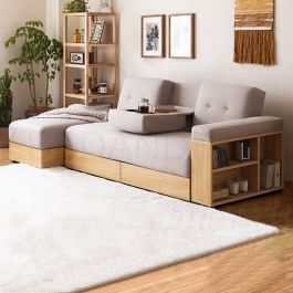 Massimo Multifunction Sofa Bed with Storage - Melange Beige Fabric x Natural Wood