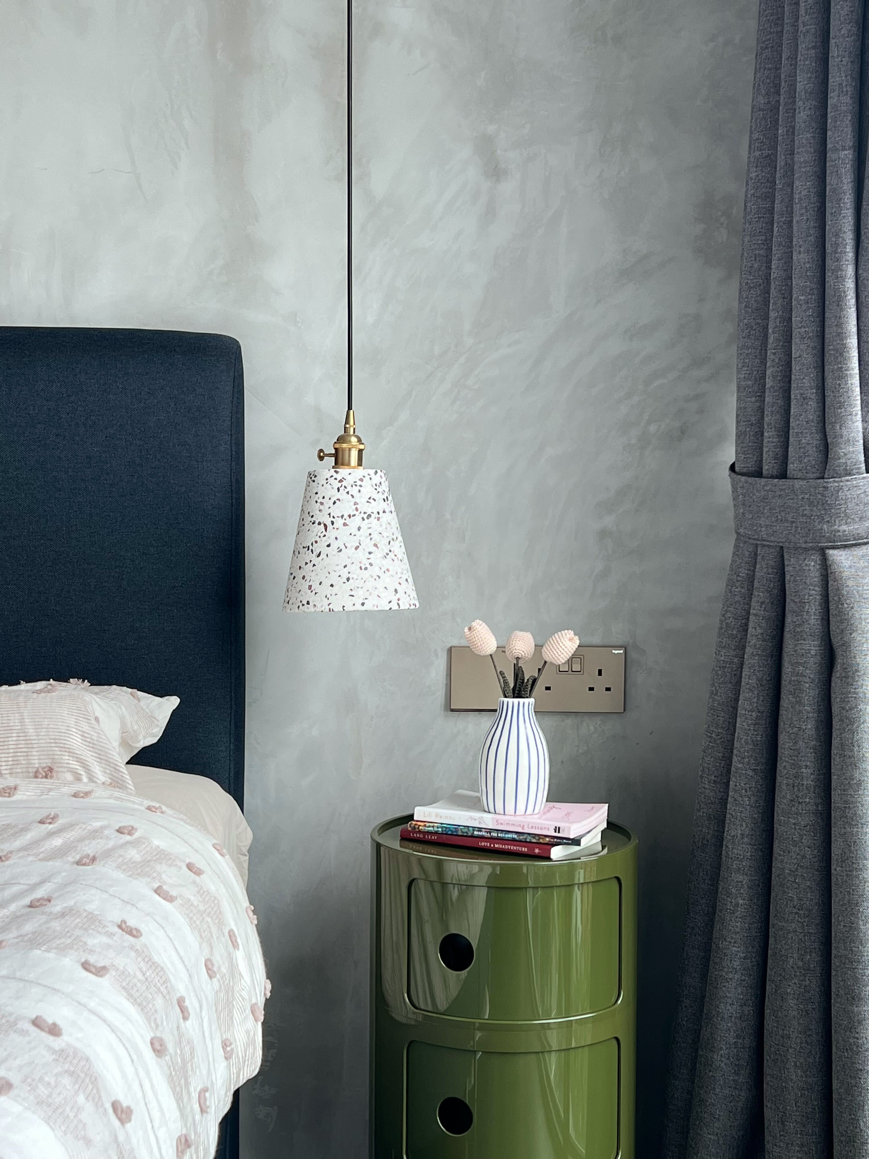Modern Serenity Bedroom With A View! - modern bedroom, cozy corner, bedside table, green color, textured wall, abstract lamp