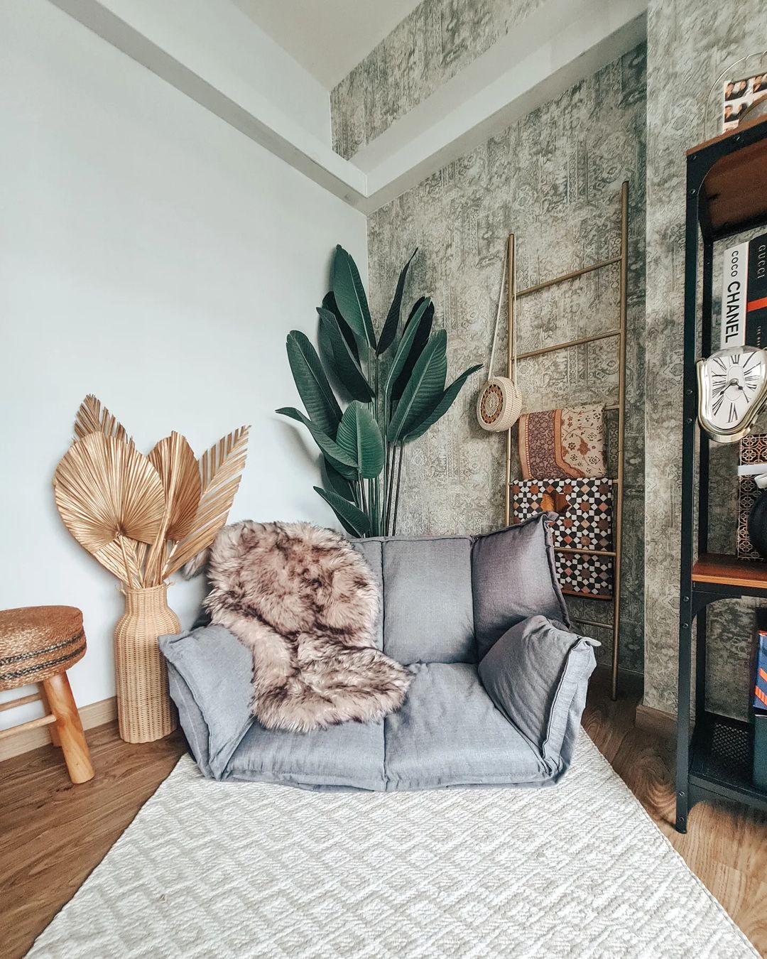 Urban Jungle Chic Cosy Corner! - modern living room, cozy seating, gray sofa, plush cushions, decorative pillows, textured
