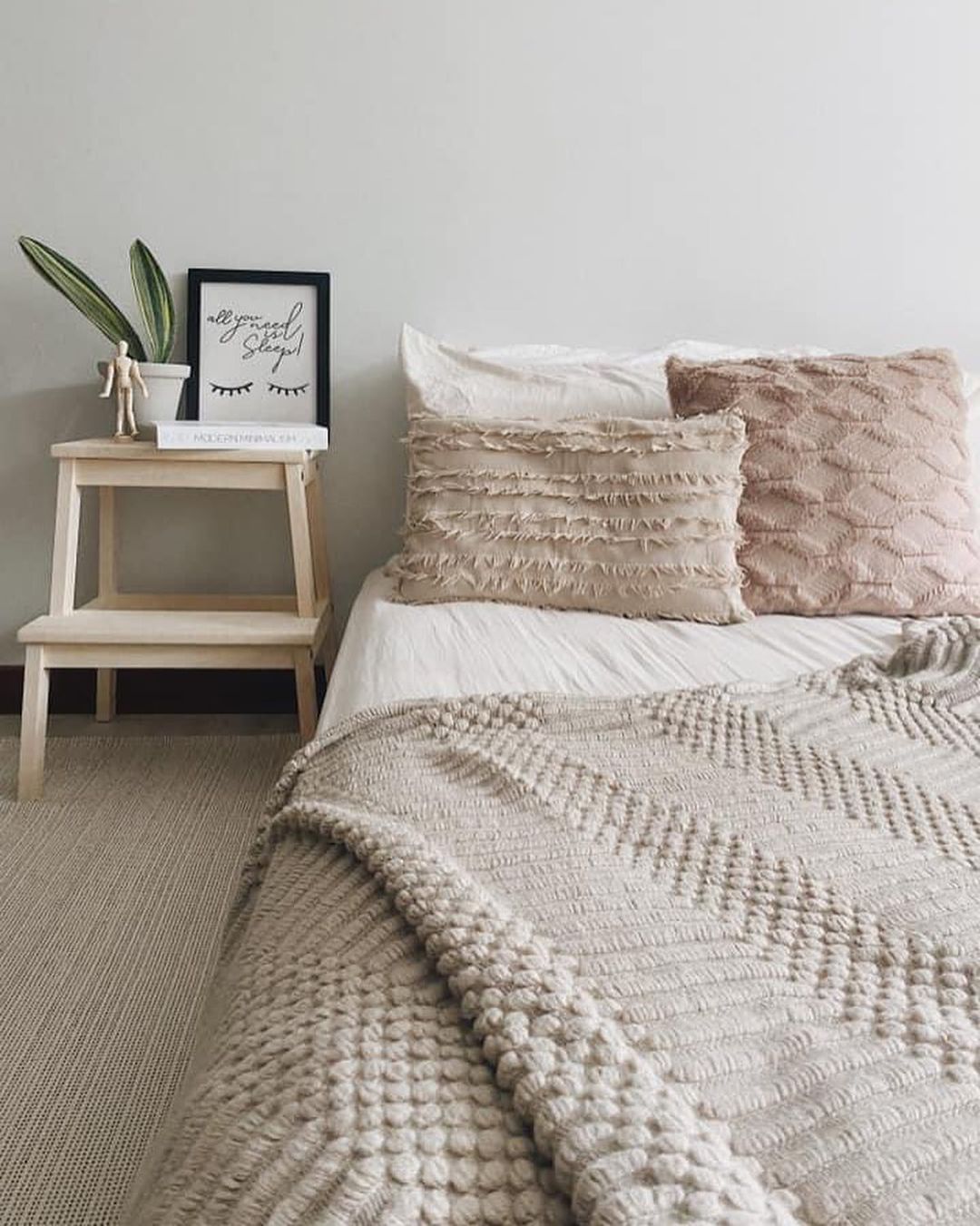 Absolute joy waking up to our Scandinavian bedroom - mattress, cozy bed, white comforter, textured blanket, wooden