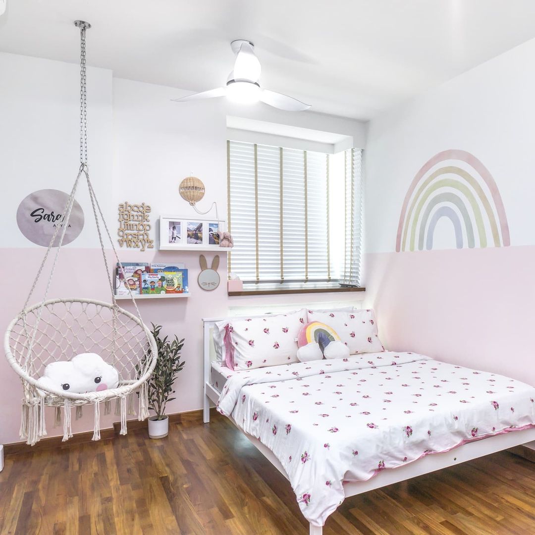 Bold Contrast Bedrooms - White and pink color scheme, hanging white hammock with plush white bunny, wooden floor, white bed