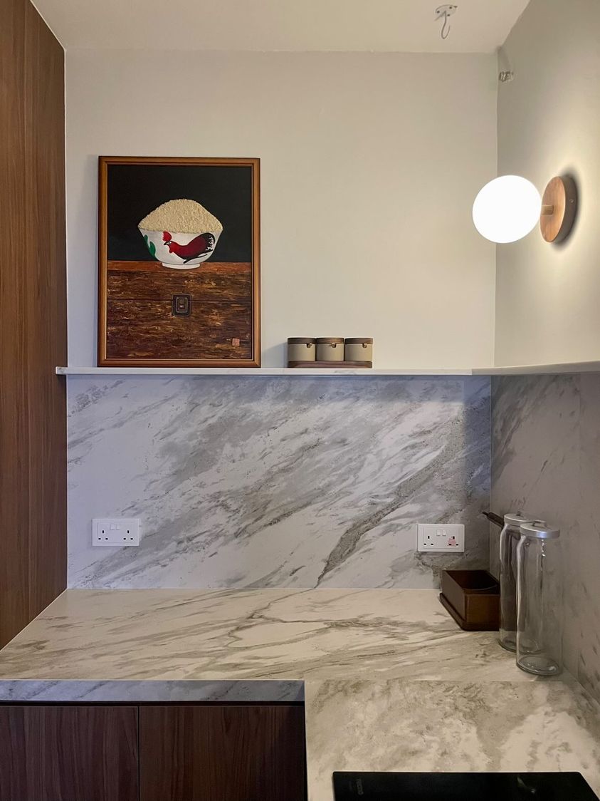 Who says the Kitchen can't be something more?  - Marble countertop, modern kitchen, wooden cabinets, marble backsplash, white