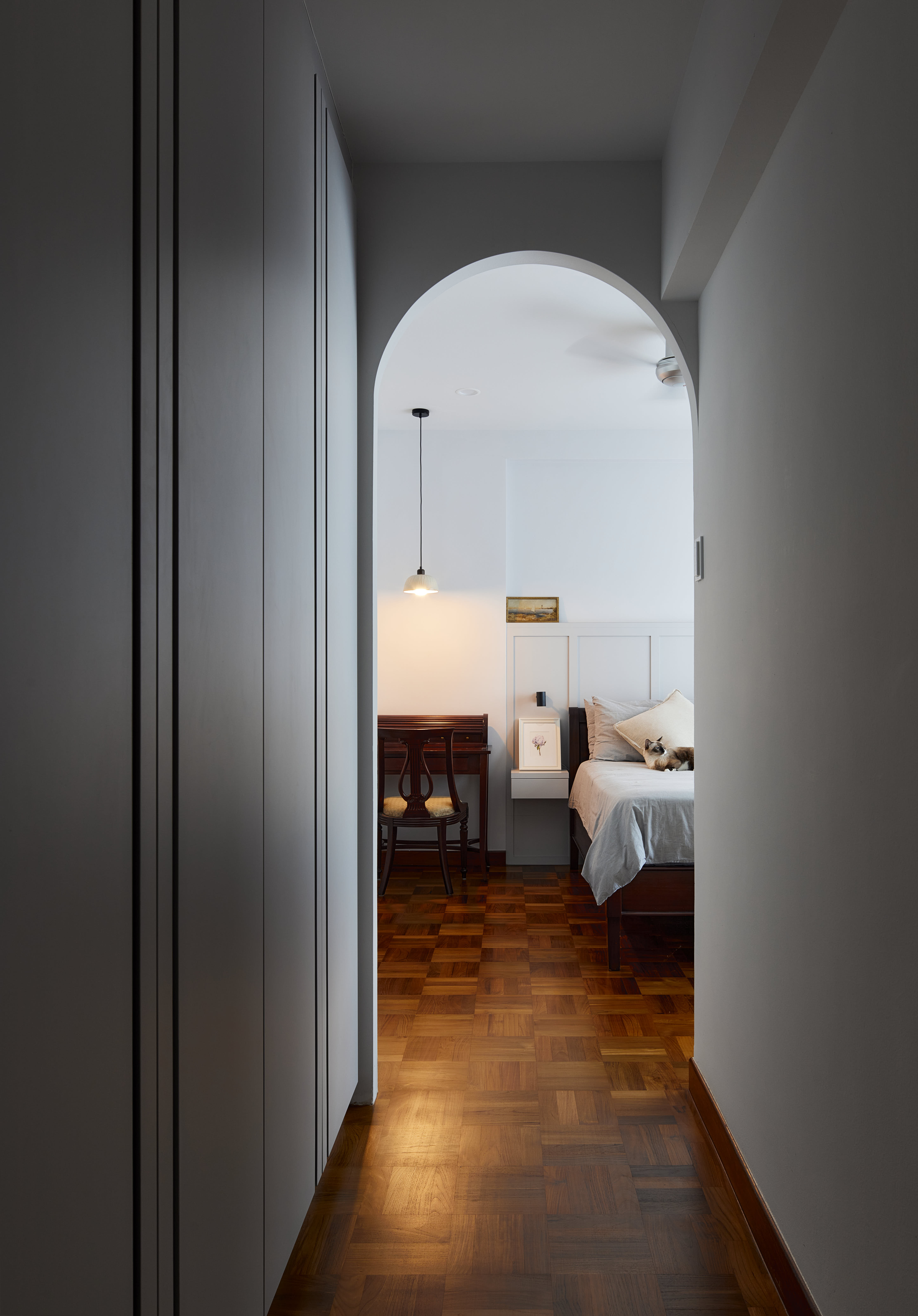 Tranquil Modernity with Rich Wood Flooring - modern bedroom interior, minimalist design, neutral color palette, wooden
