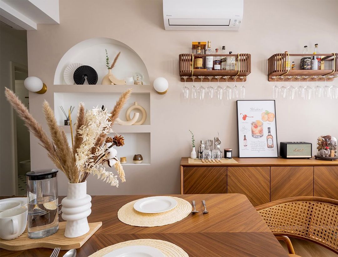 Scandinavian Simplicity Dining Room - Wooden dining table, elegant table setting, white plates and silverware, decorative