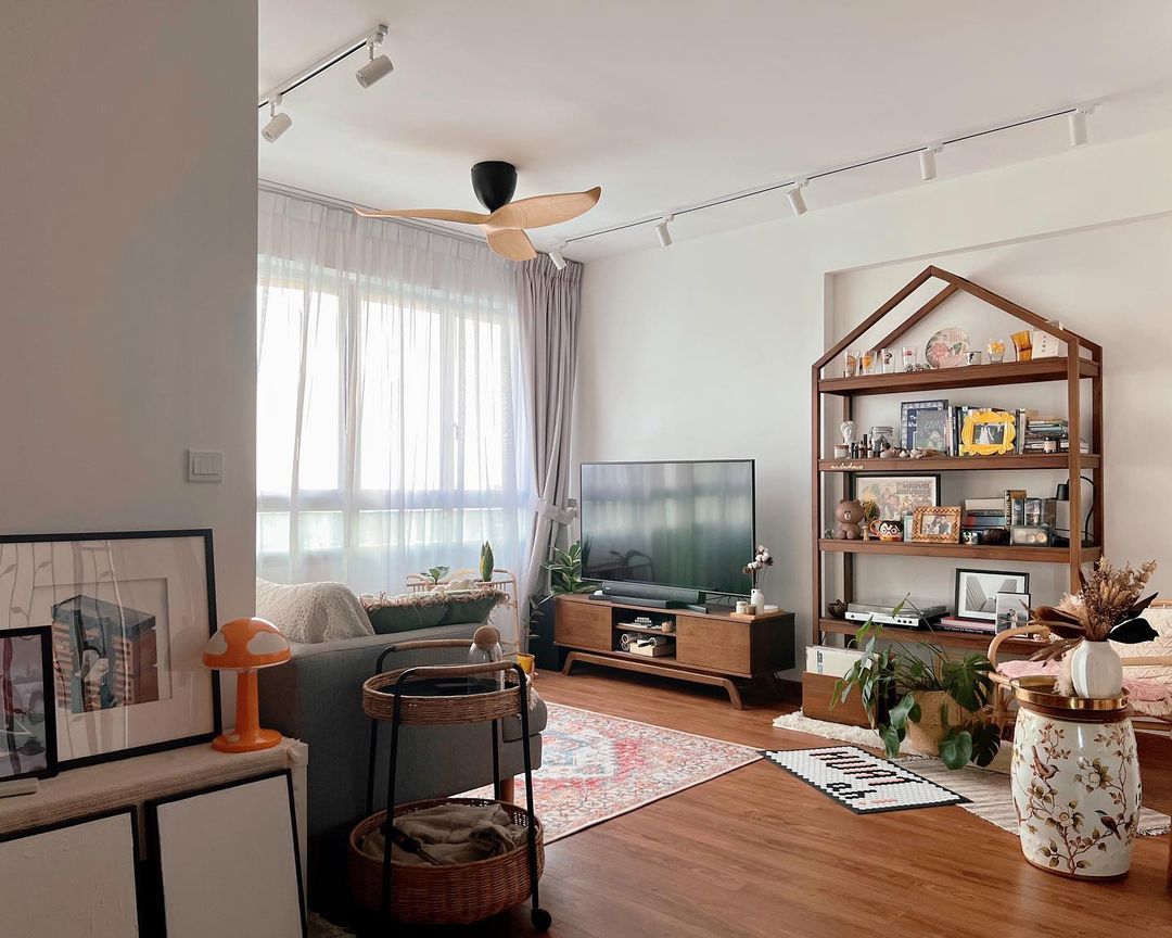 Celebrate the festivity with us! - Modern living room, cozy seating area, large window, sheer curtains, wooden floor, rug