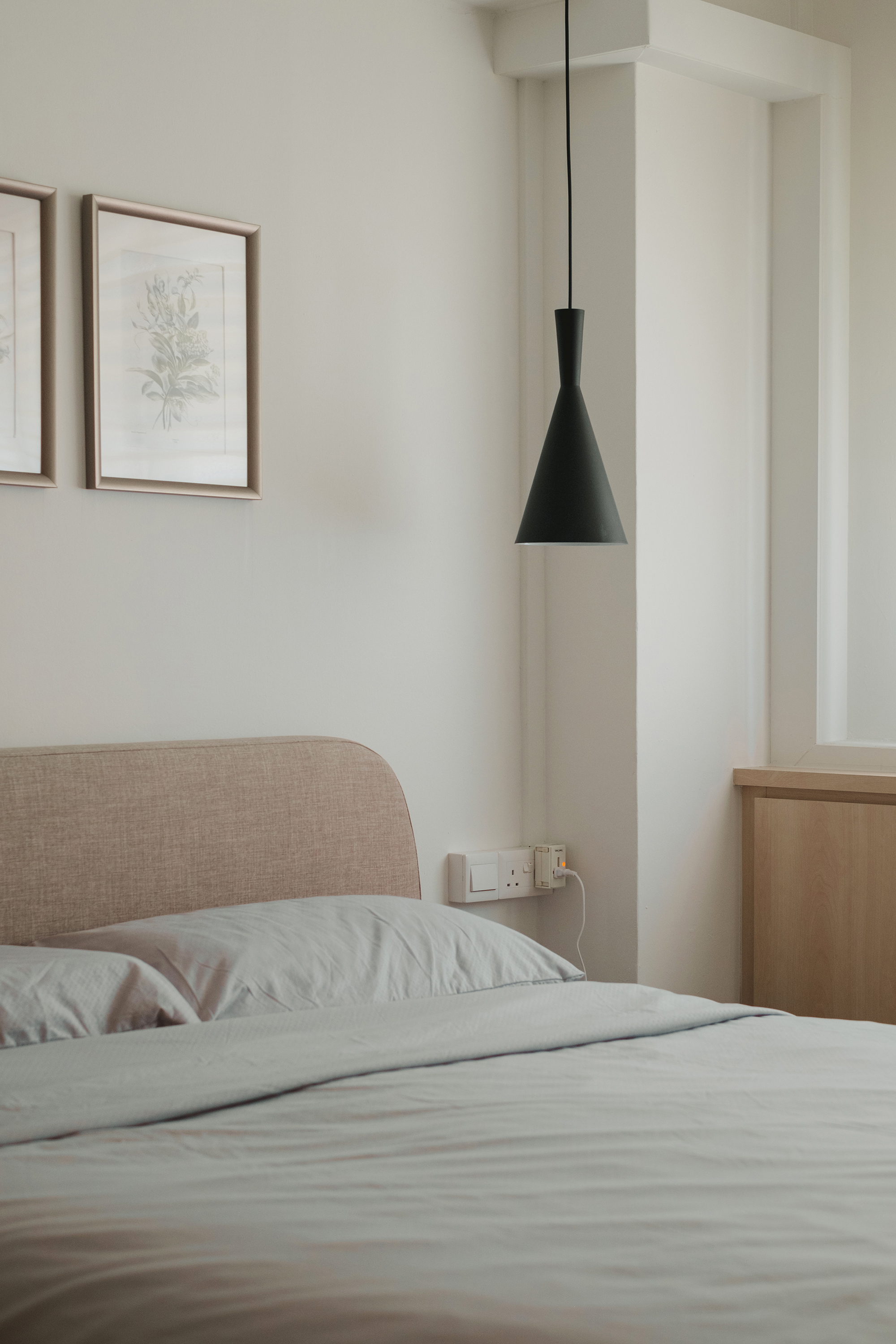 Chic Minimalist Mornings - Modern minimalist bedroom, neutral color palette, beige upholstered headboard, white bedding