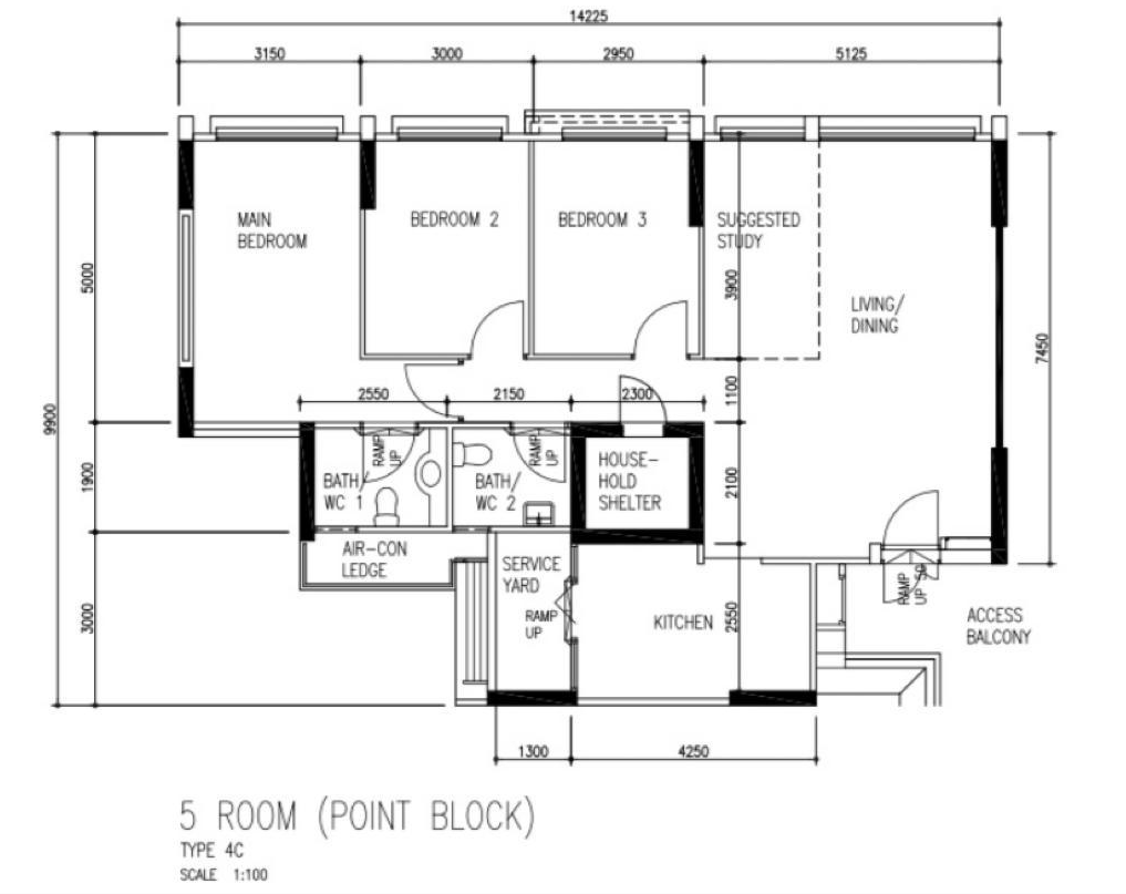 This is Home, Truly - Point Block, 4C, Scale 1:100, Main Bedroom, Bedroom 2, Bedroom 3, Suggested Study, Living/Dining