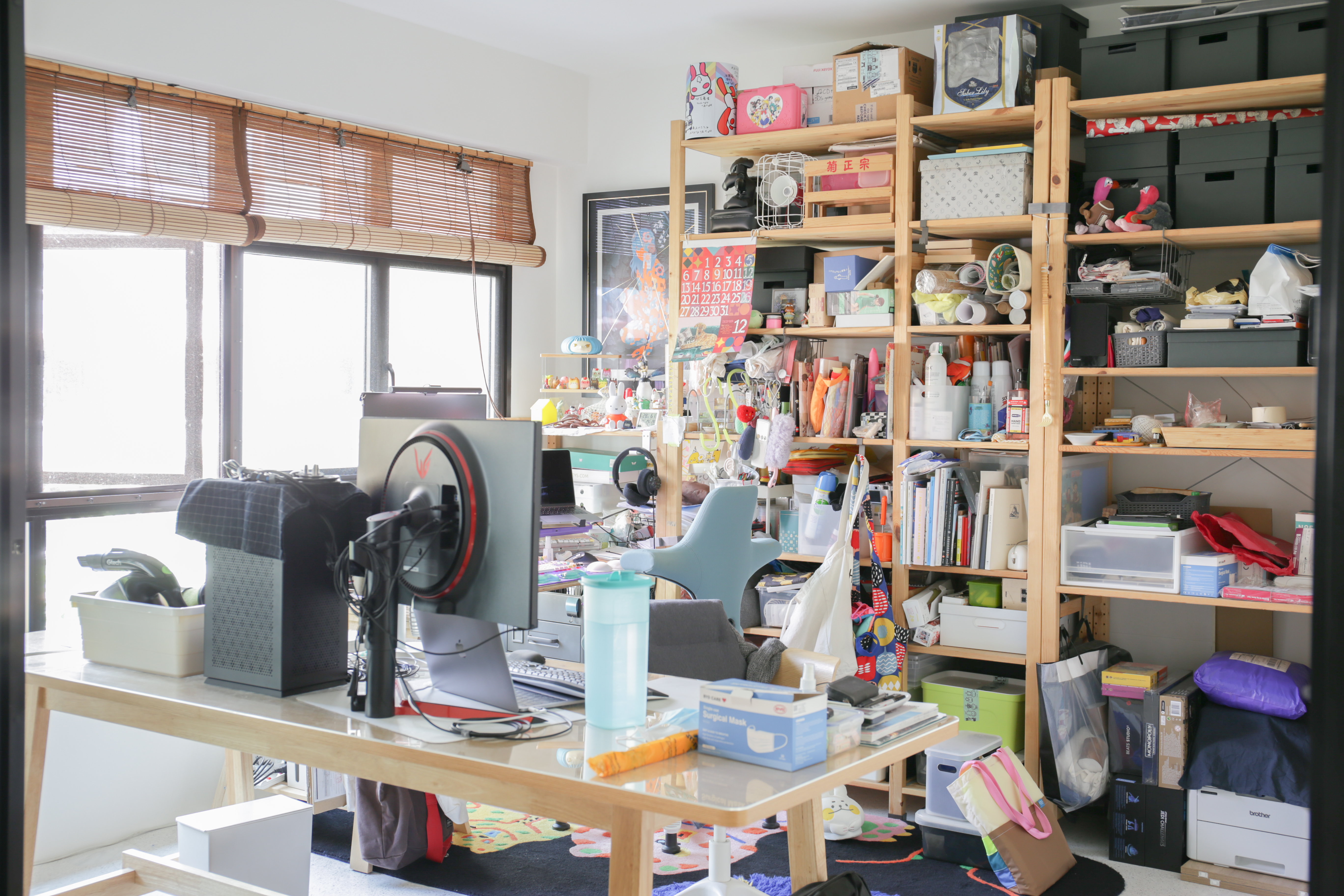 The Eccentricity of an Artistic Couple’s Apartment - Wooden shelves filled with various items, including boxes, bags, and