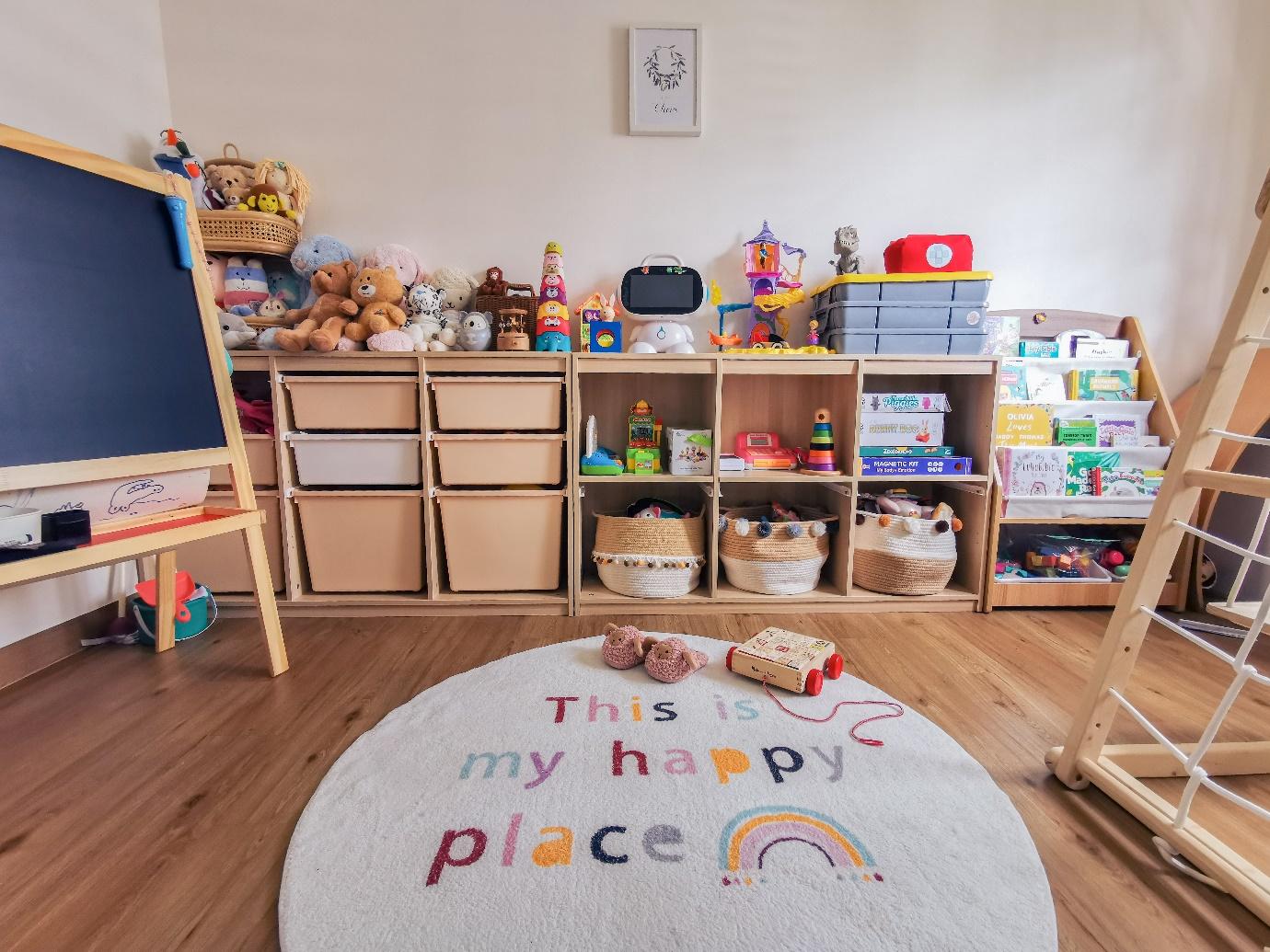 This is Home, Truly - Colorful storage bins, plush toys, educational toys, wooden shelves, alphabet rug, rainbow design