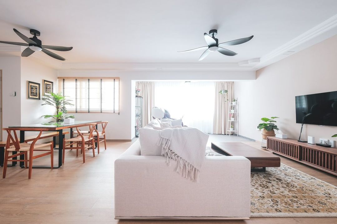 Clean aesthetics with a tinge of teal - Modern living room with minimalist design, spacious layout, neutral color palette