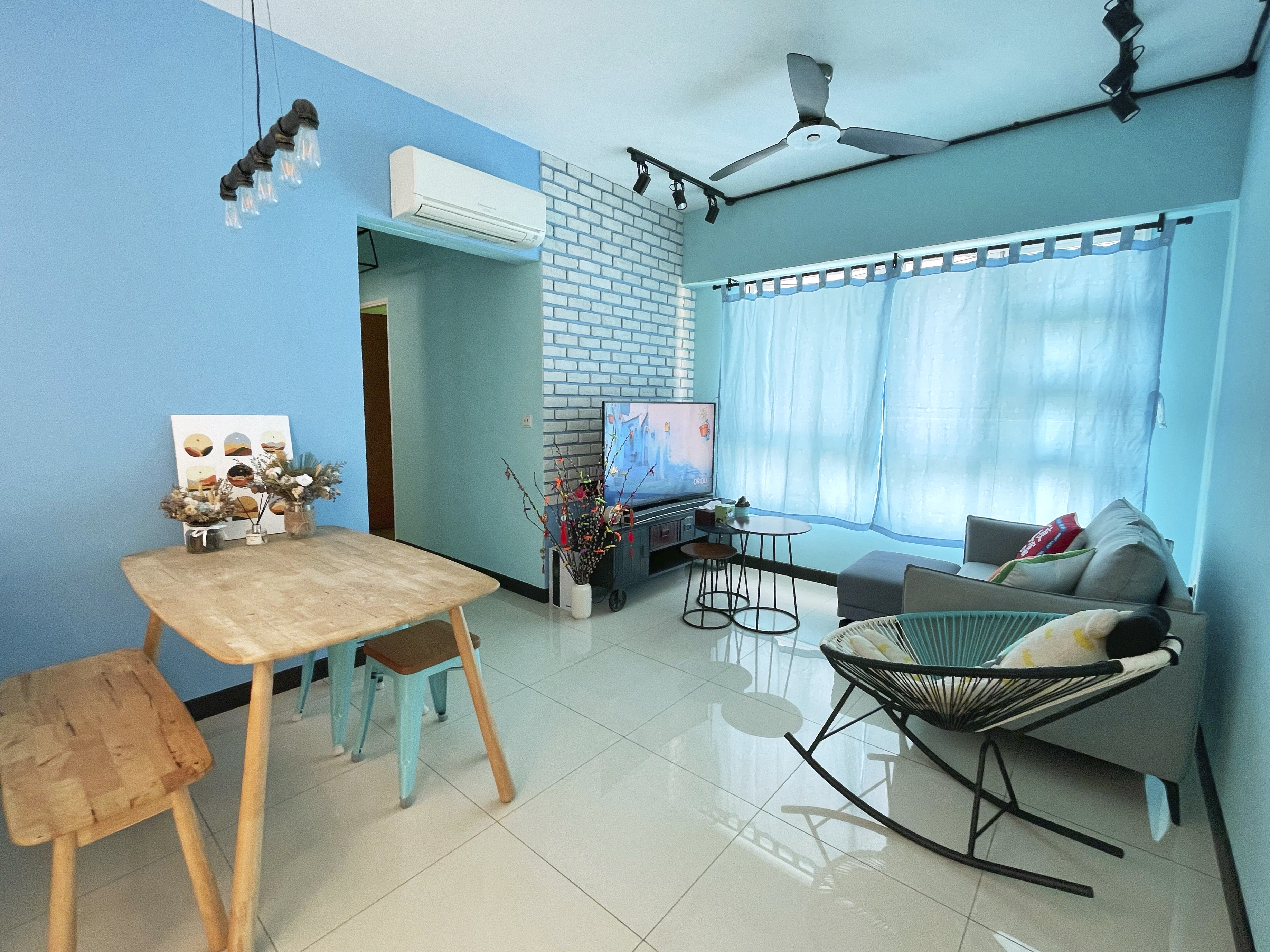 Our Colourful Personalities Imprinted On Our Apartment - blue wall, modern living room, cozy atmosphere, minimalist decor