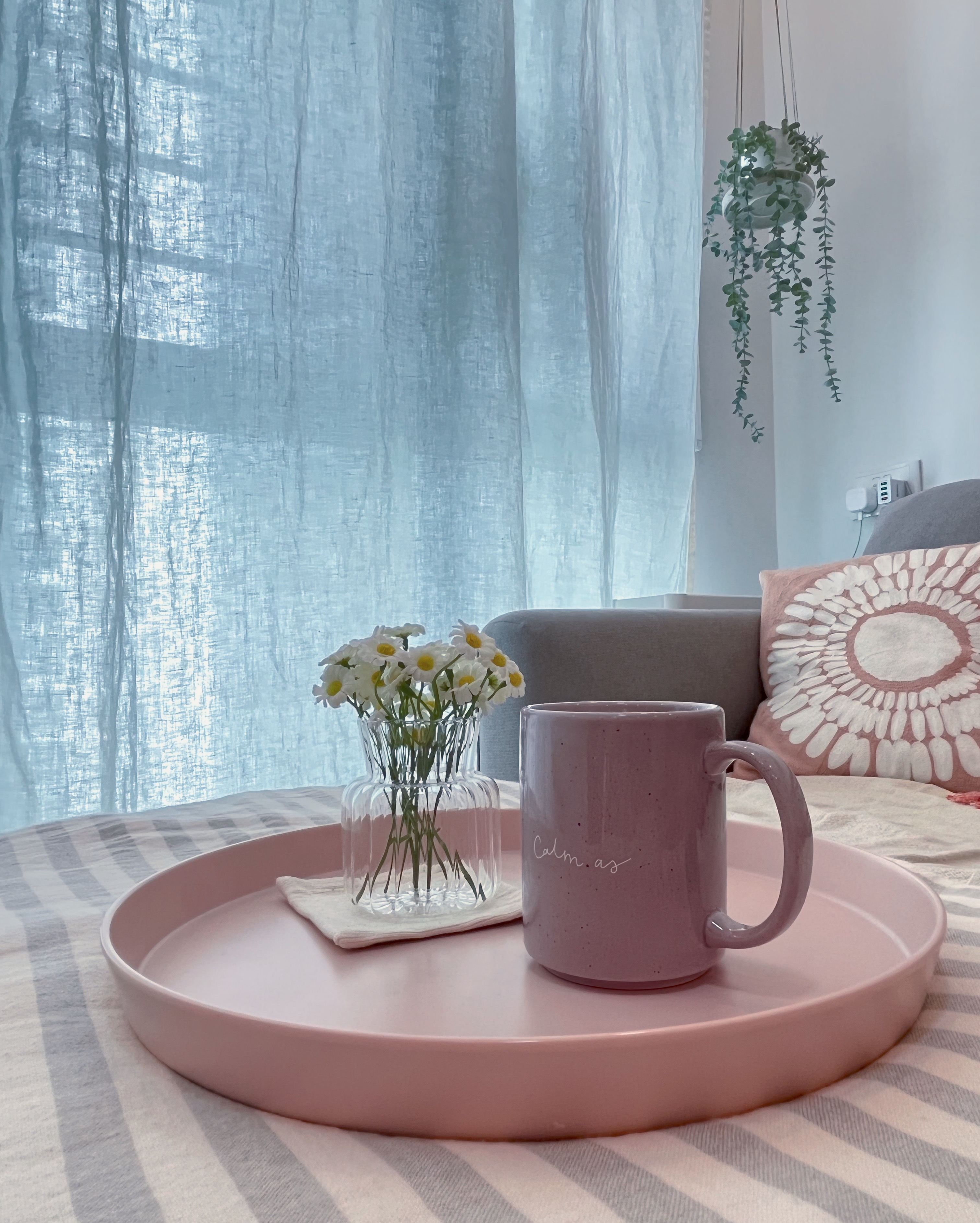 Living In A Cosy 3-room Flat with Minimal Housekeeping - Soft pastel curtains, cozy room, pink tray, delicate flowers, white