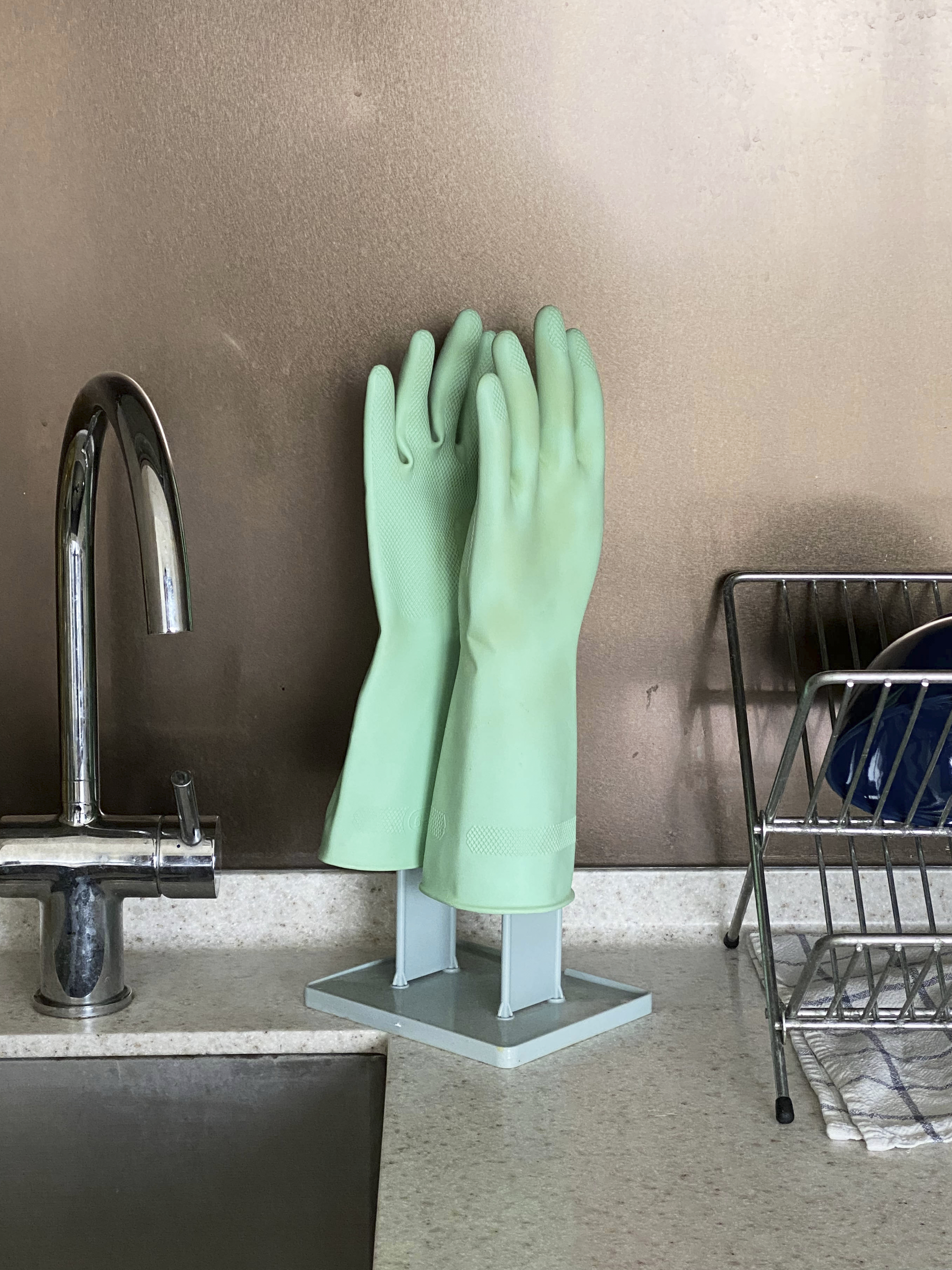 A Photographer's One-Room Studio Man Cave - Gloves, kitchen, sink, faucet, countertop, metal rack, dish soap, cleaning