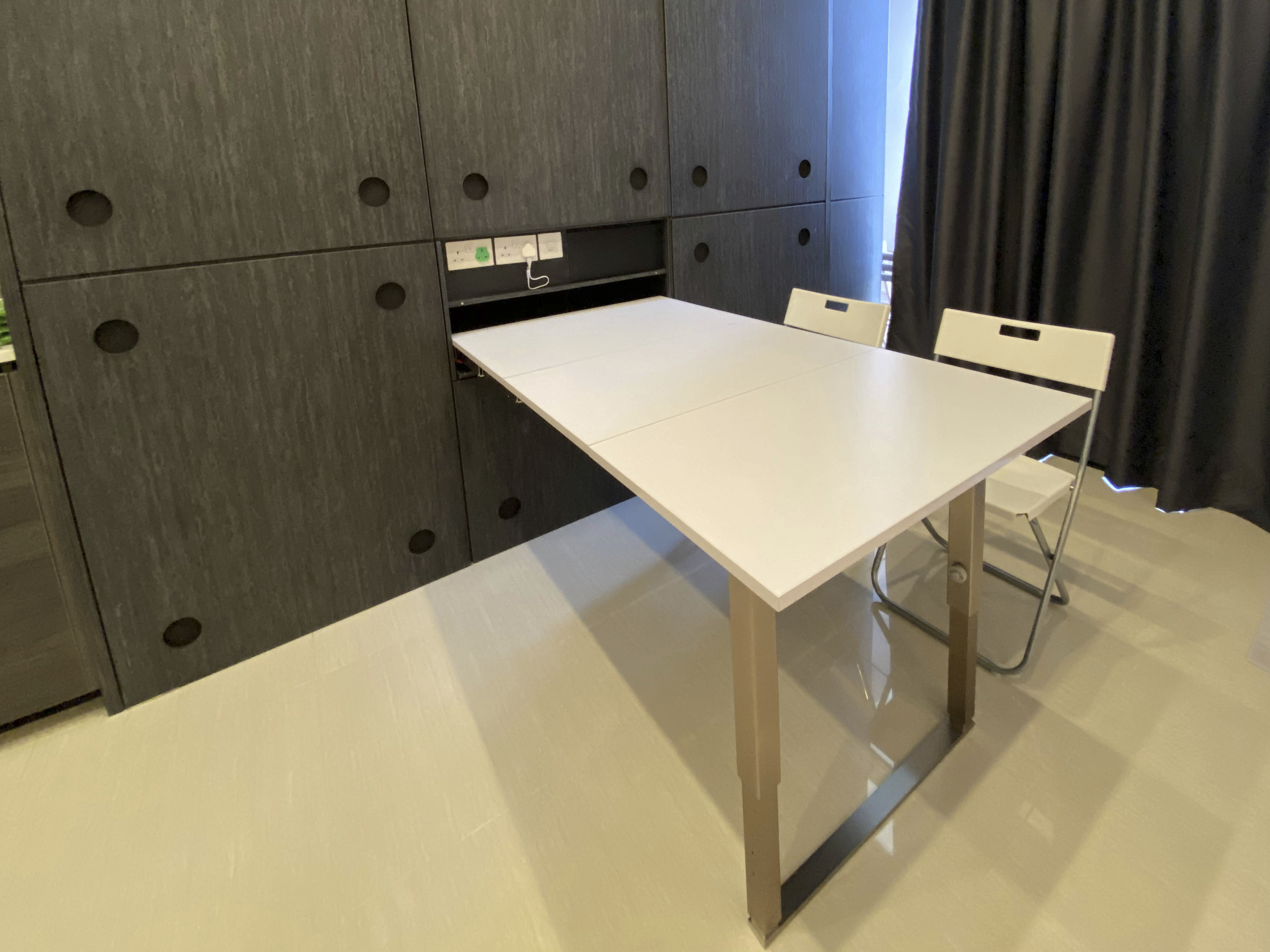 Our Smart Apartment That Might Be Smarter Than Us - modern kitchen cabinetry, minimalist design, white dining table