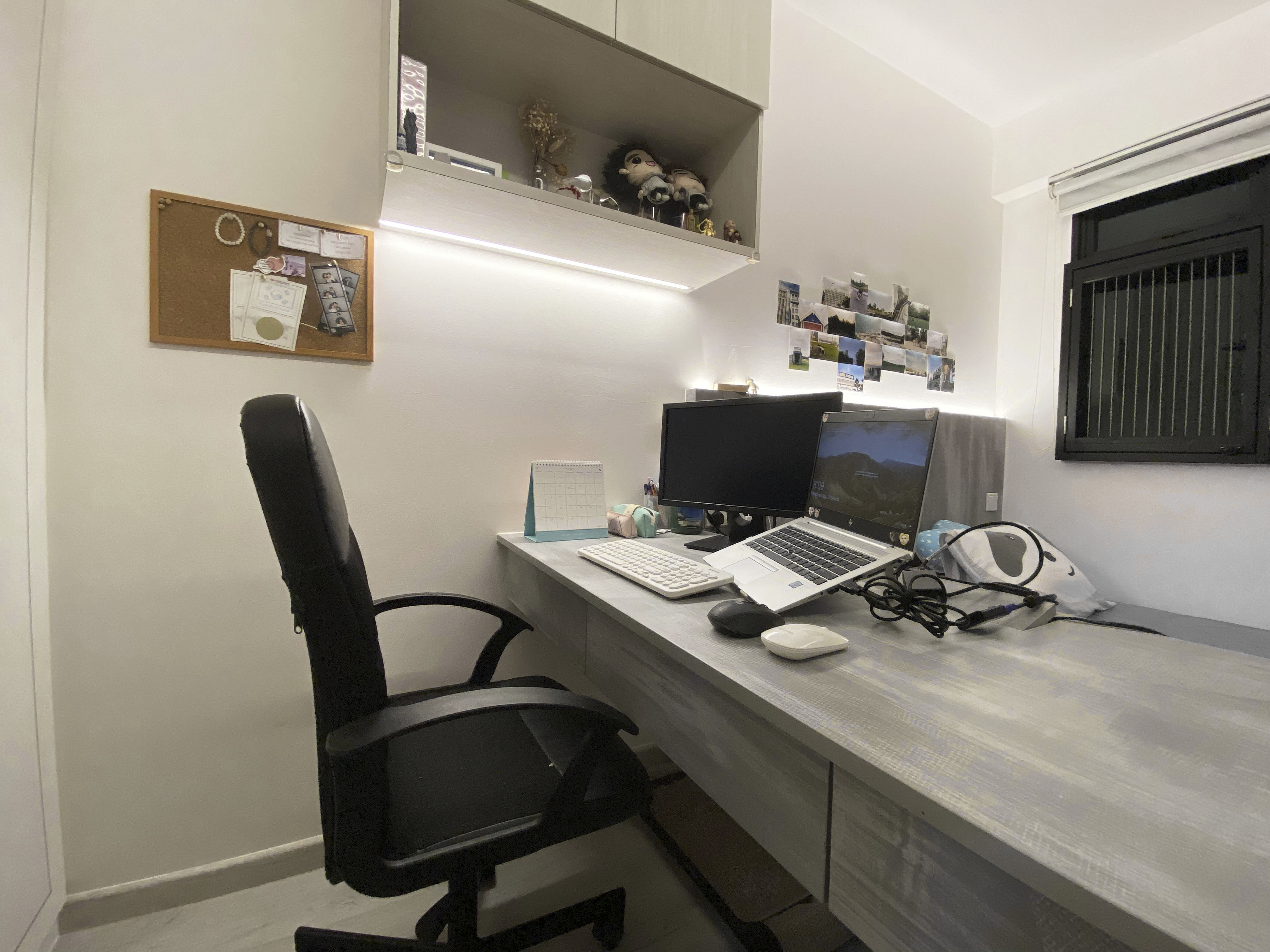 A Cat Lover's Room 🐱 - Desk with dual monitors, keyboard, mouse, and laptop, office chair, whiteboard with photos, black