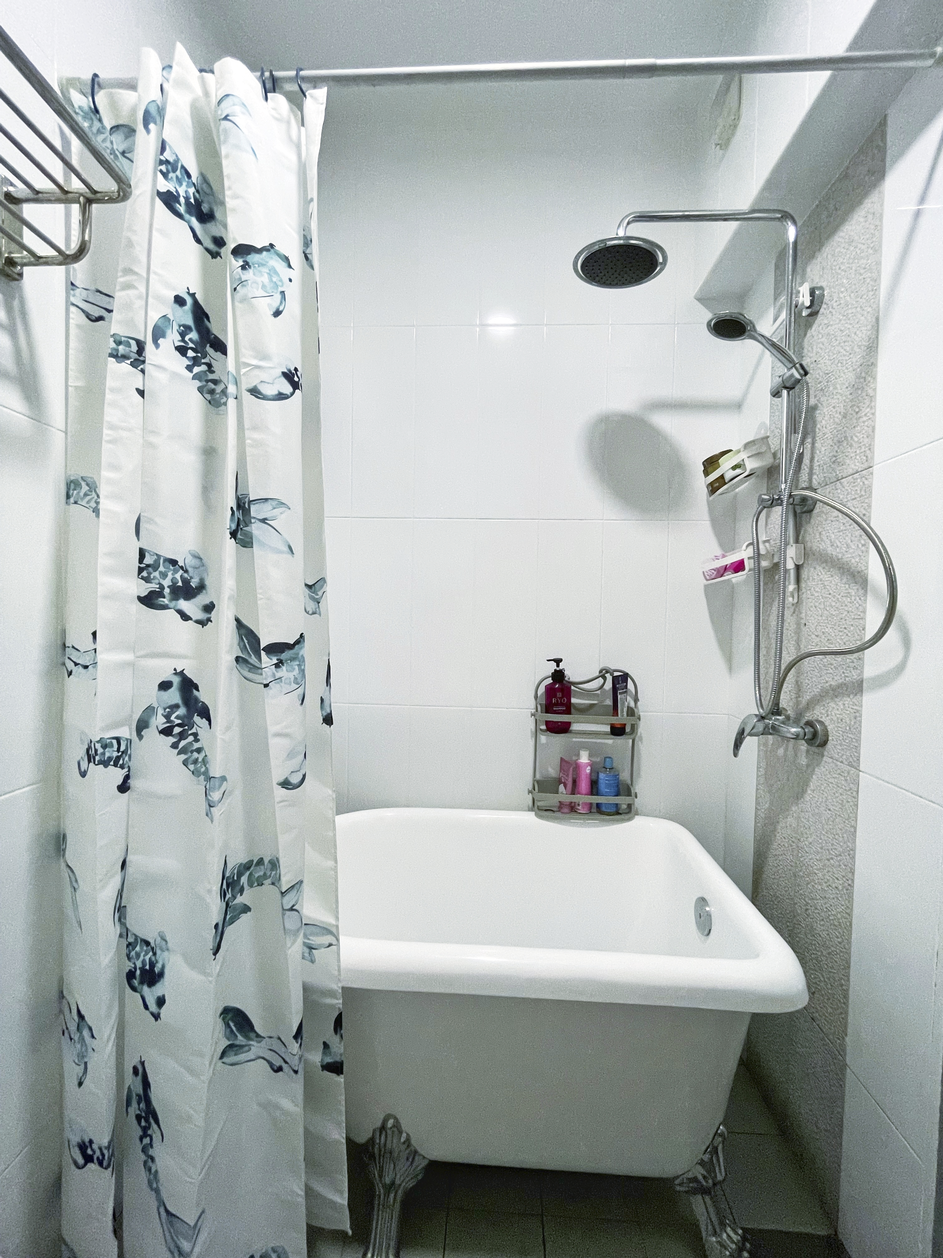 Our Colourful Personalities Imprinted On Our Apartment - Bathtub, white ceramic, chrome fixtures, showerhead, shower curtain