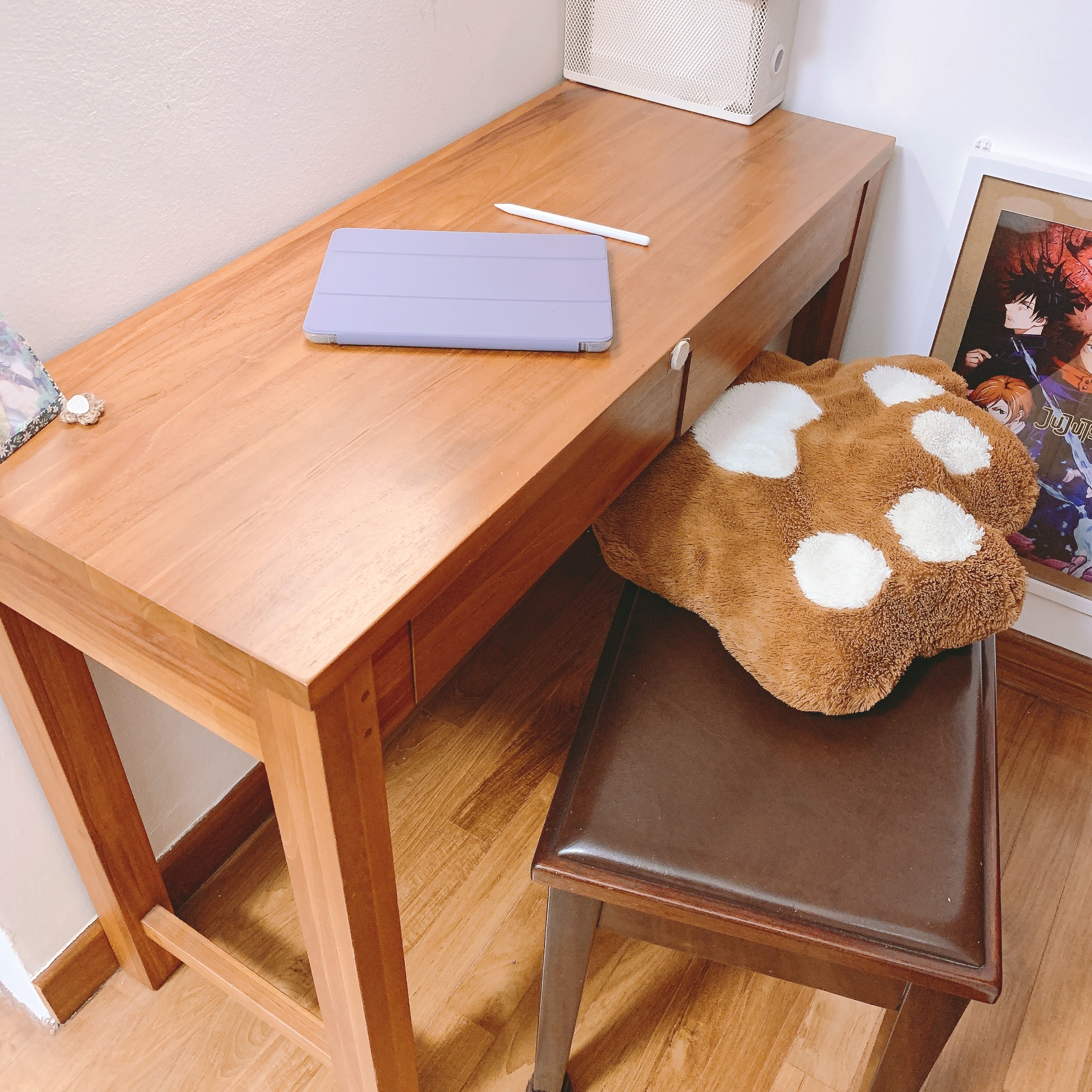K-pop, Anime, Harry Potter - The Room that Has It All - Wooden desk, brown chair, plush cushion, anime poster, white pencil