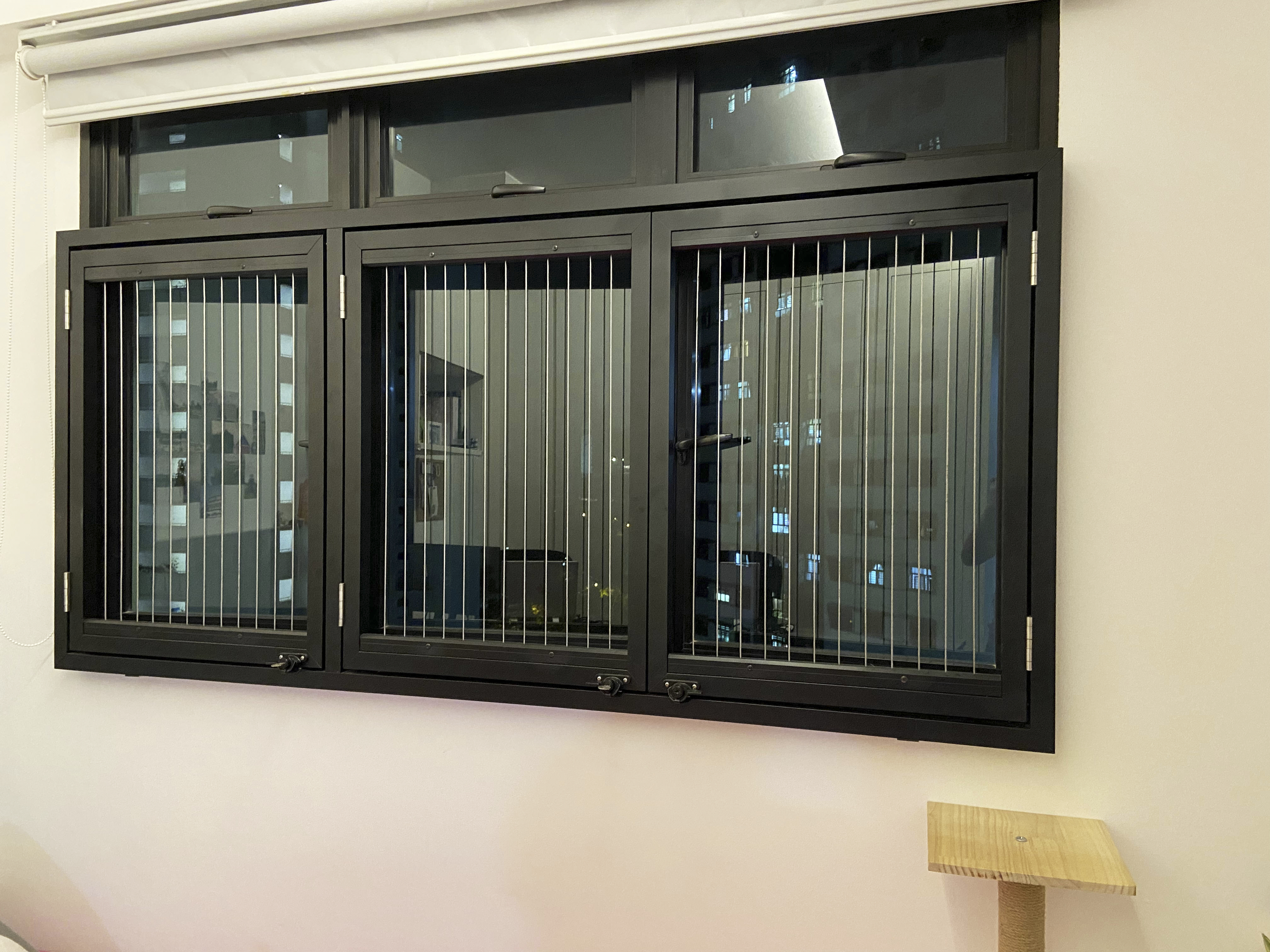 A Cat Lover's Room 🐱 - Black window with vertical bars, black metal frame, window blinds, indoor view through window, office