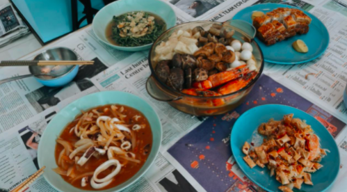 Our Colourful Personalities Imprinted On Our Apartment - Vietnamese noodle soup, green vegetable side dish, seafood stew