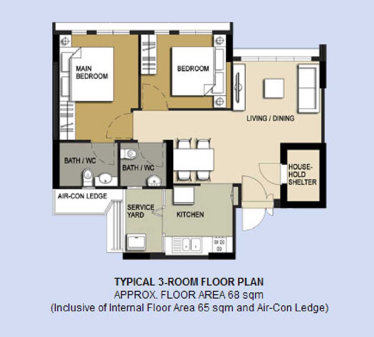 Our Colourful Personalities Imprinted On Our Apartment - 3-room floor plan, typical layout, 68 sqm floor area, including